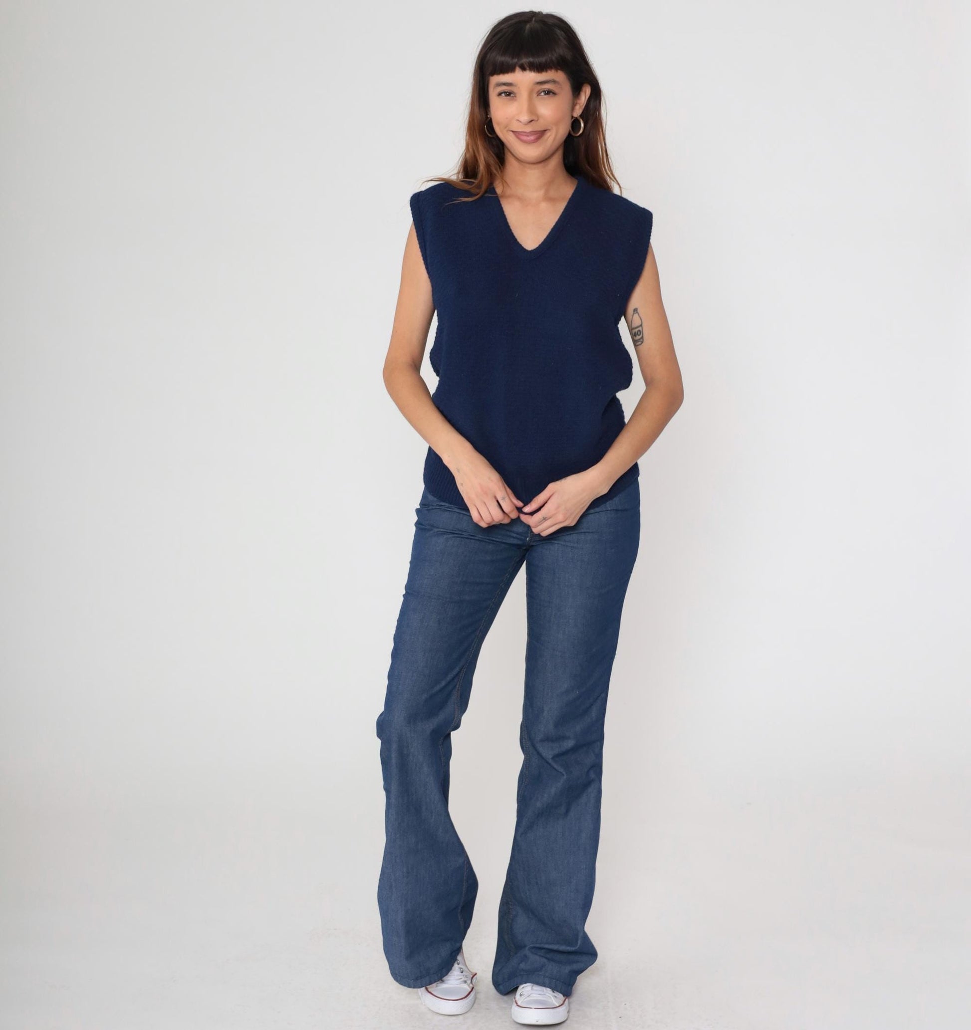 80s Navy Ribbed Knit Sweater Vest Scoop Neck Sleeveless Tank Large L