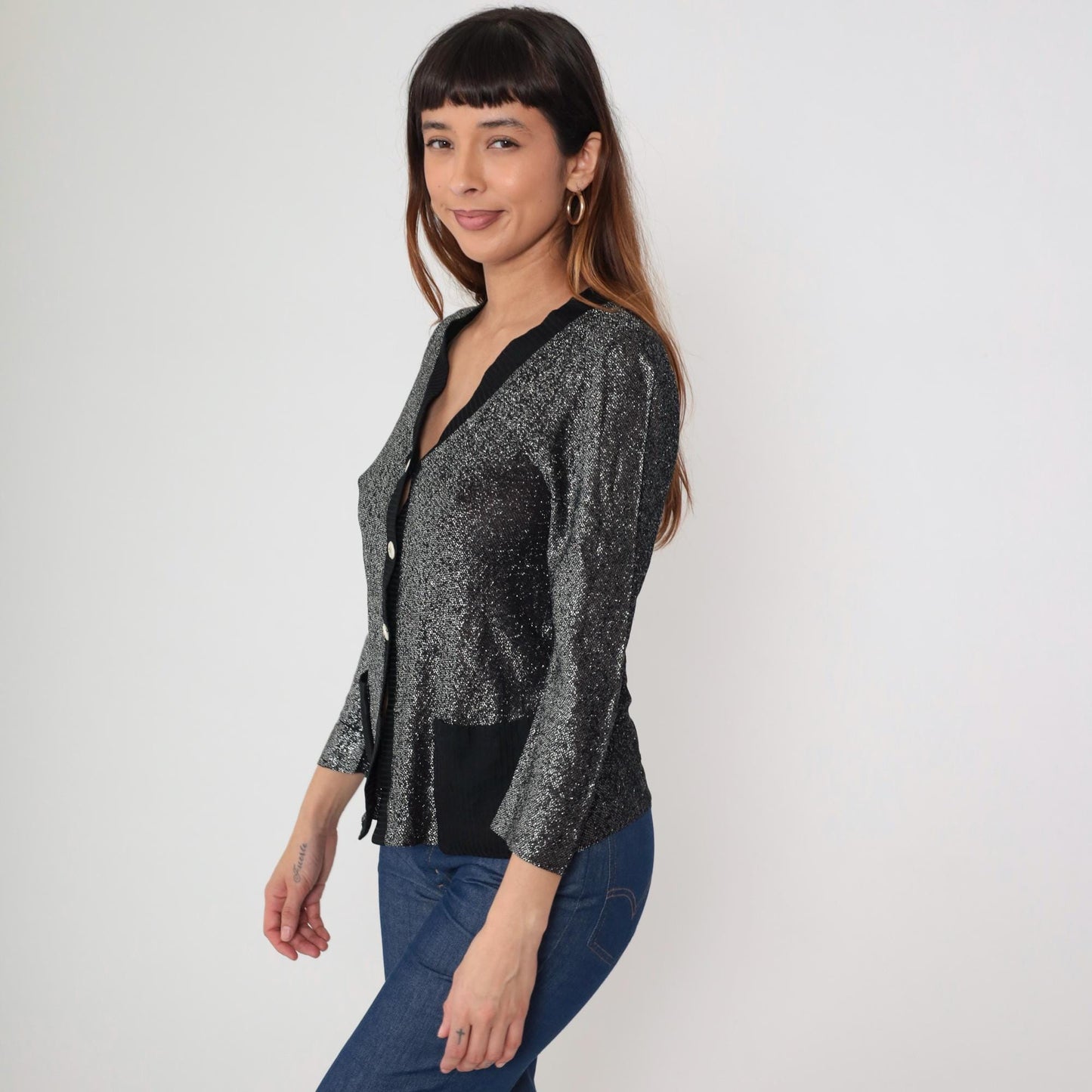 70s Black Silver Lurex Cardigan Deep V Button Front Metallic Knit Medium