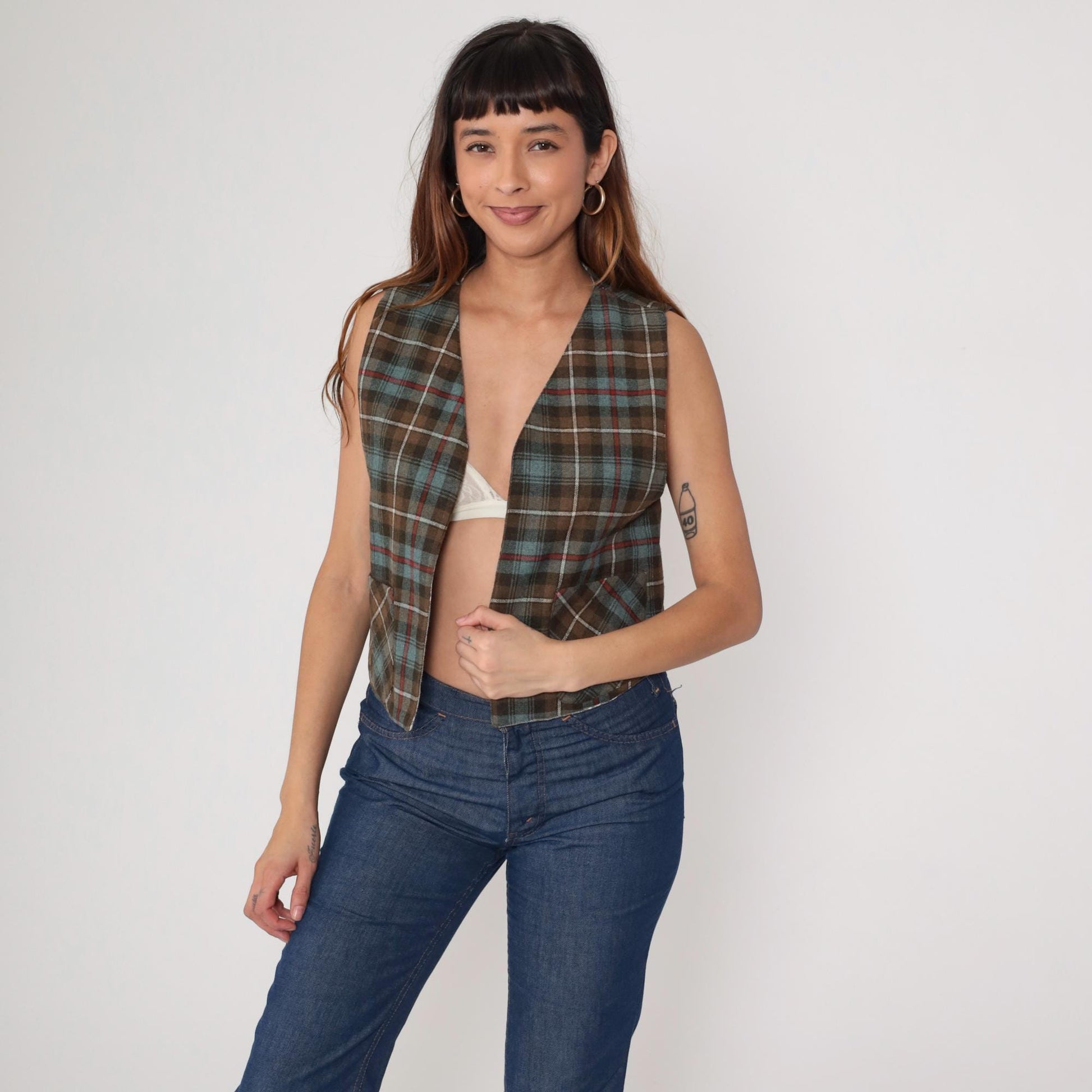 70s Plaid Reversible Vest Brown Blue Cream Tartan Waistcoat Medium