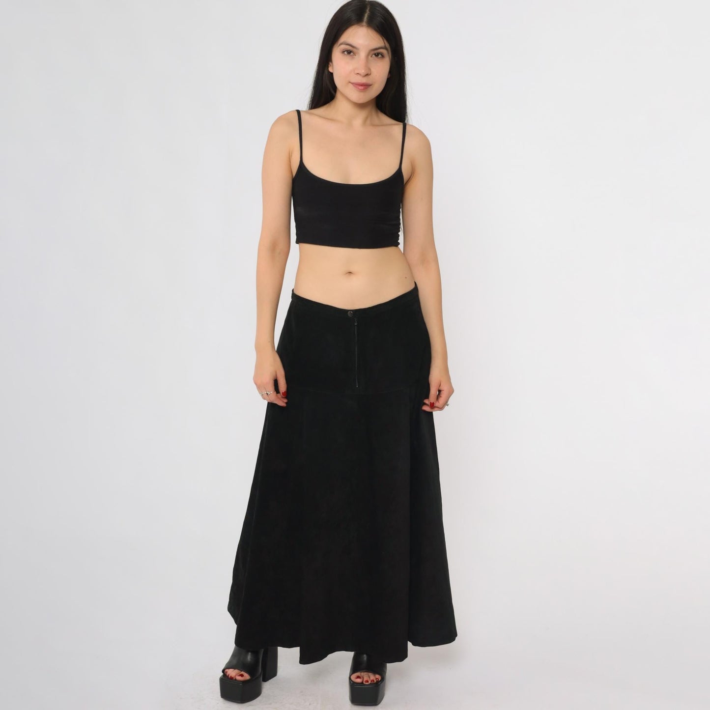 90s Marlynn Traditions Black Leather Maxi Skirt A-Line Large L