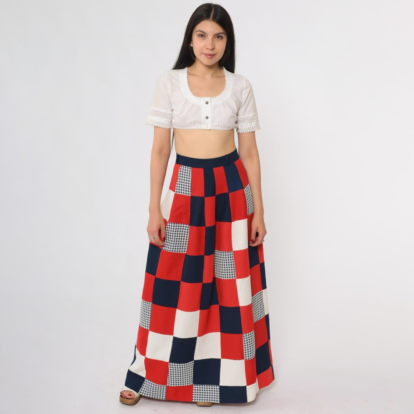 70s Red White Blue Patchwork Maxi Skirt High Waist Flared Medium