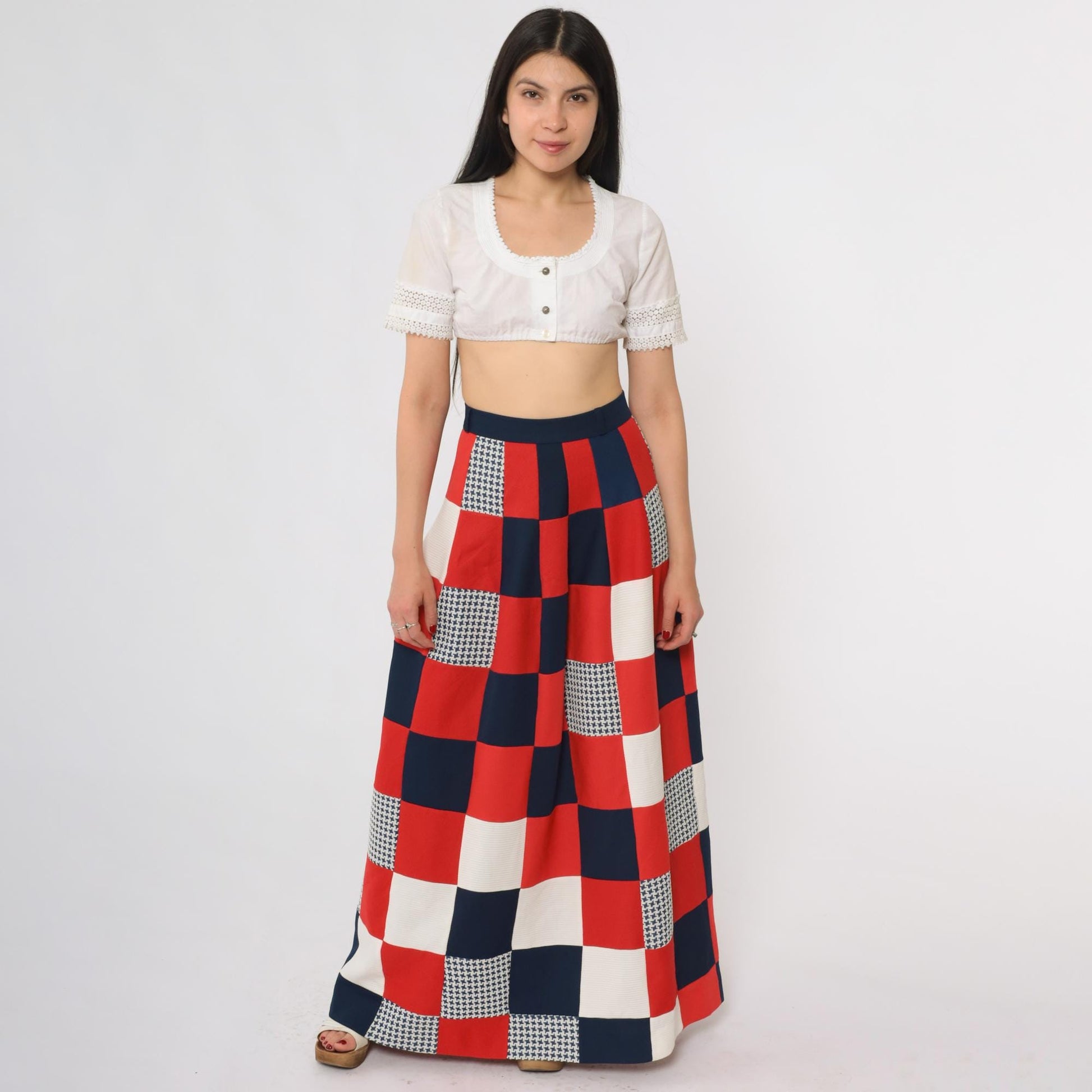 70s Red White Blue Patchwork Maxi Skirt High Waist Flared Medium