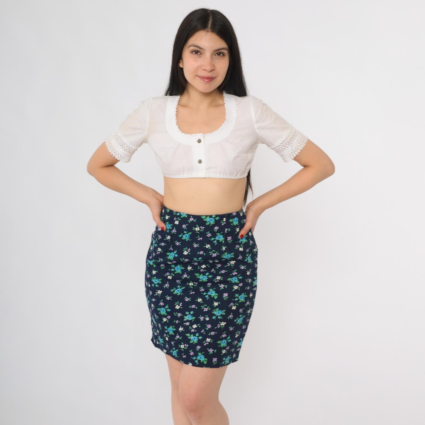 60s Navy Ditsy Floral Mini Skirt High Waist Straight Cut Cotton Blend Extra Small XS