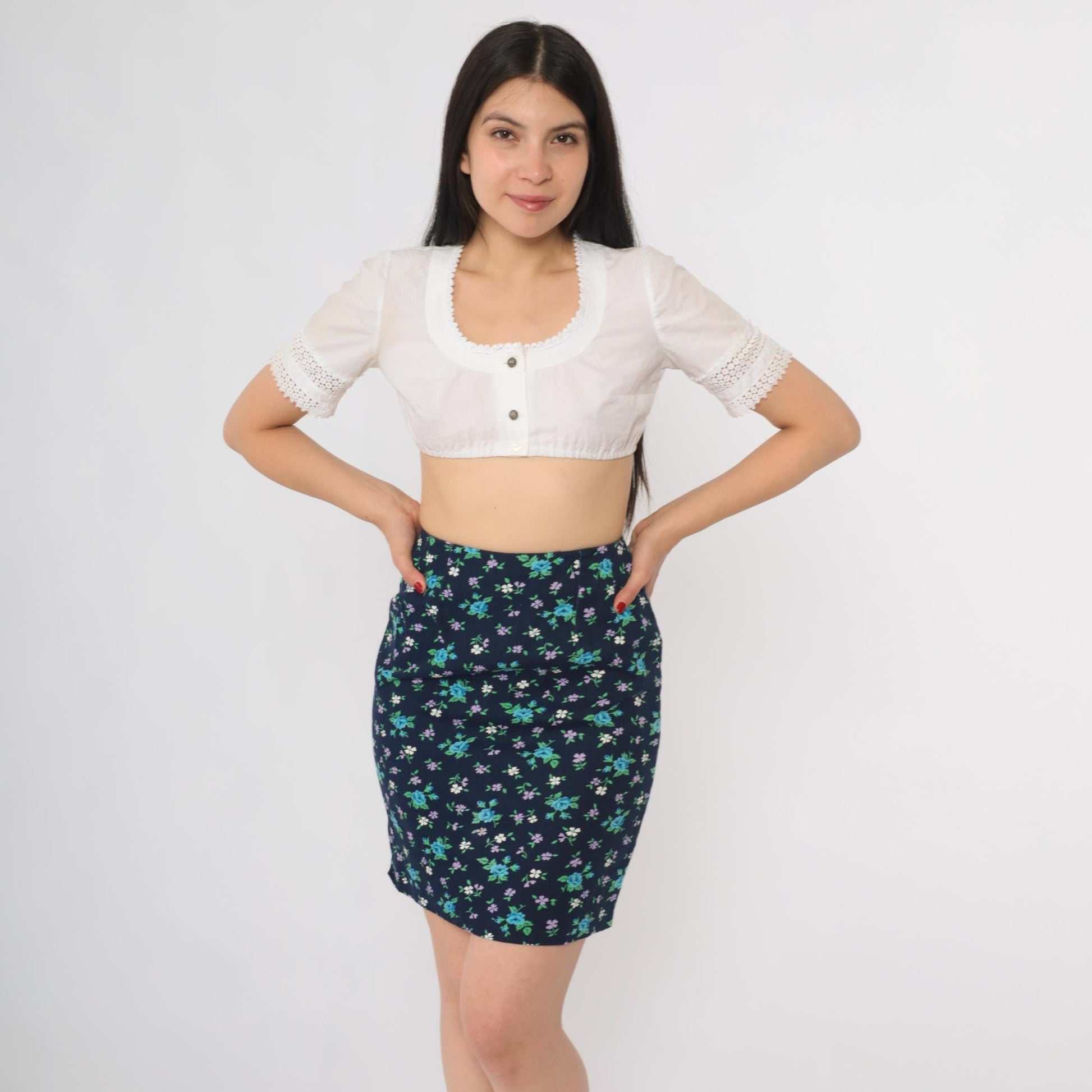 60s Navy Ditsy Floral Mini Skirt High Waist Straight Cut Cotton Blend Extra Small XS