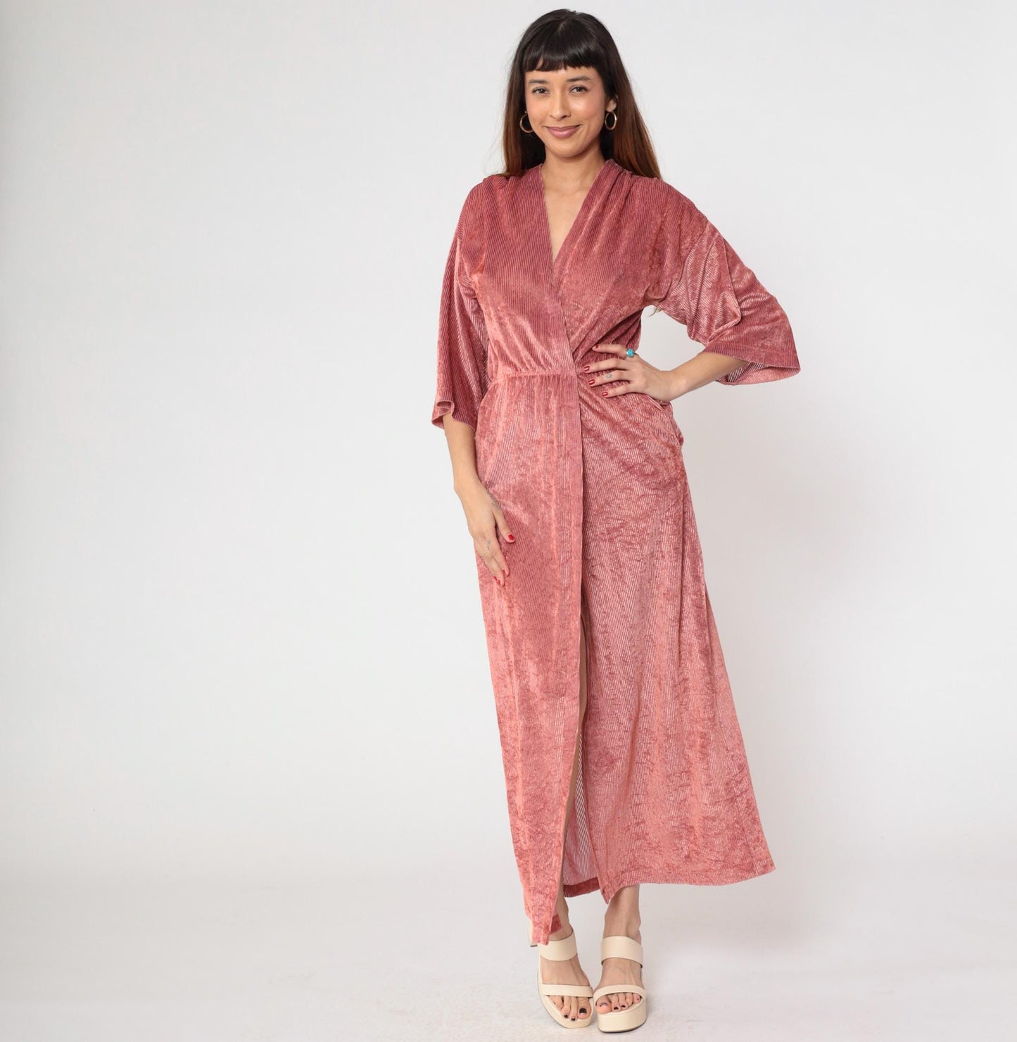 70s Dusty Rose Velour Maxi Robe Karessah Wrap Deep V Kimono Sleeve Small
