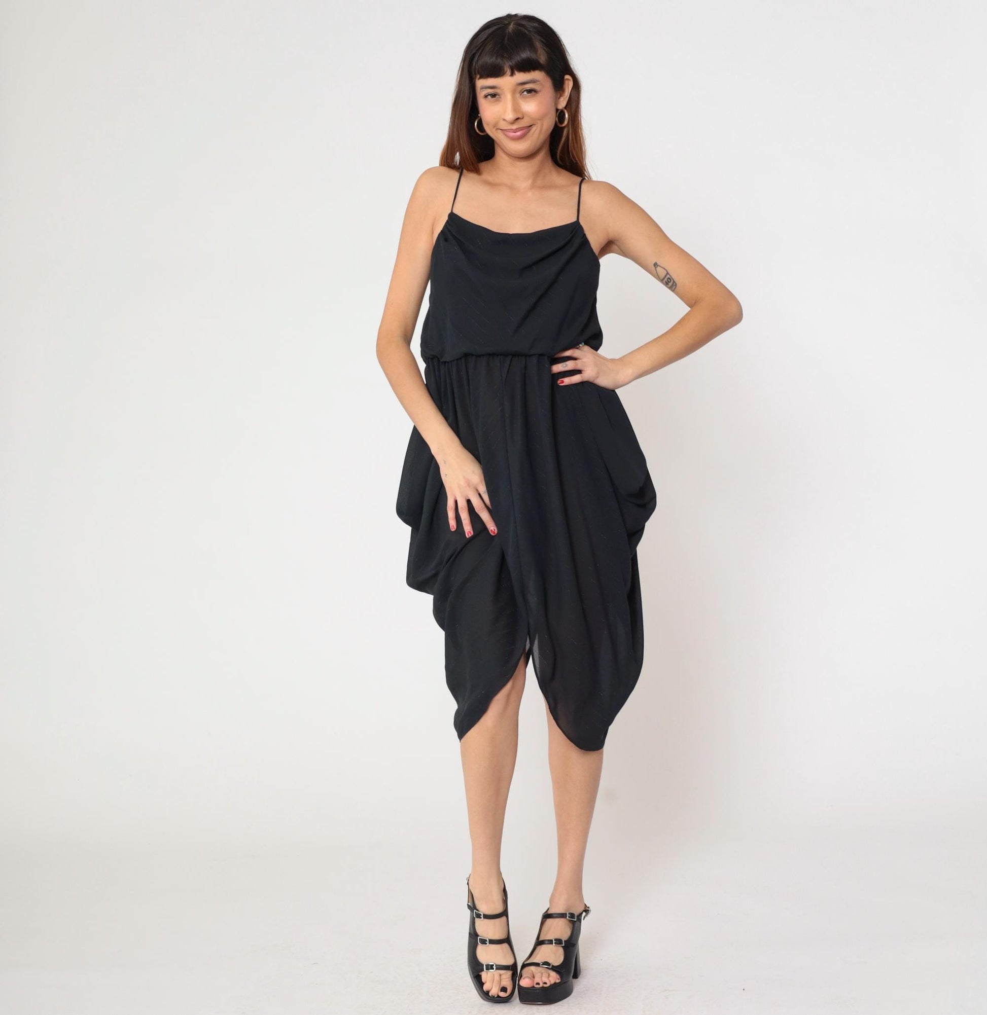 80s Entourage Black Cowl Neck Midi Dress Spaghetti Strap Handkerchief Hem Small