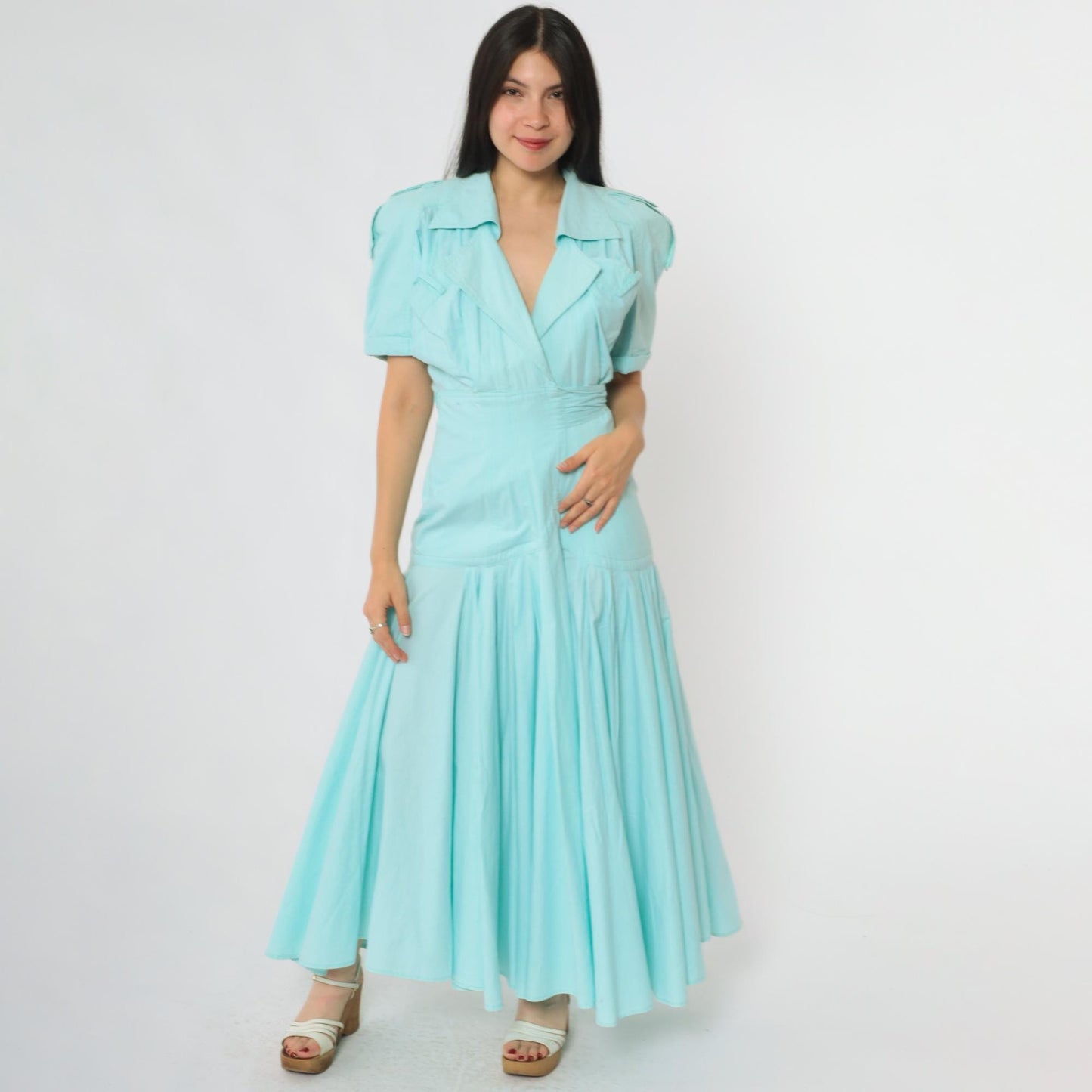 90s Karen Alexander Prairie Wrap Dress Mint Green Cotton Maxi Puff Sleeves Small S
