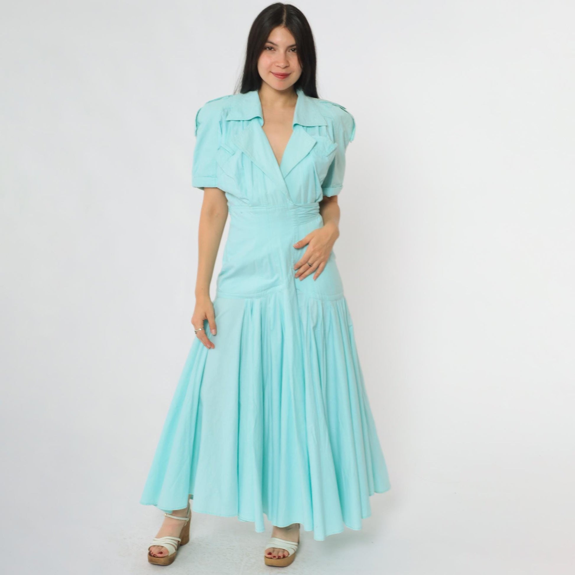 90s Karen Alexander Prairie Wrap Dress Mint Green Cotton Maxi Puff Sleeves Small S