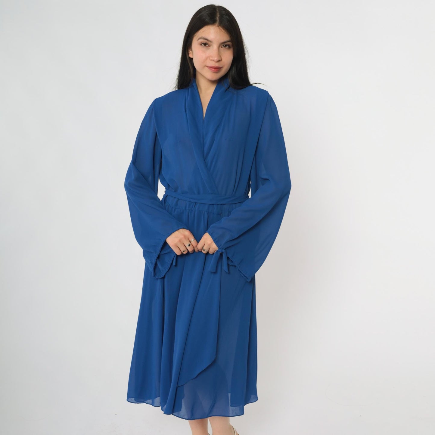 80s Royal Blue Wrap Dress Miss Elliette Midi Tie Waist Long Sleeve Large L