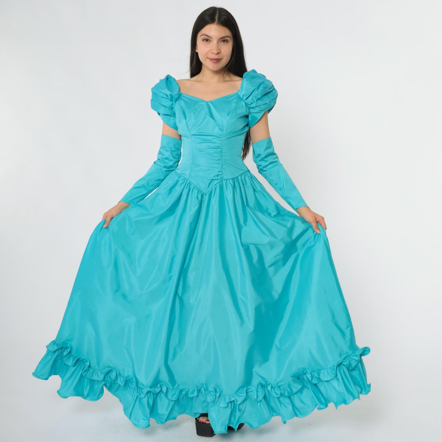 80s Turquoise Ball Gown Puff Sleeve Off-Shoulder Sweetheart Neckline Extra Small XS