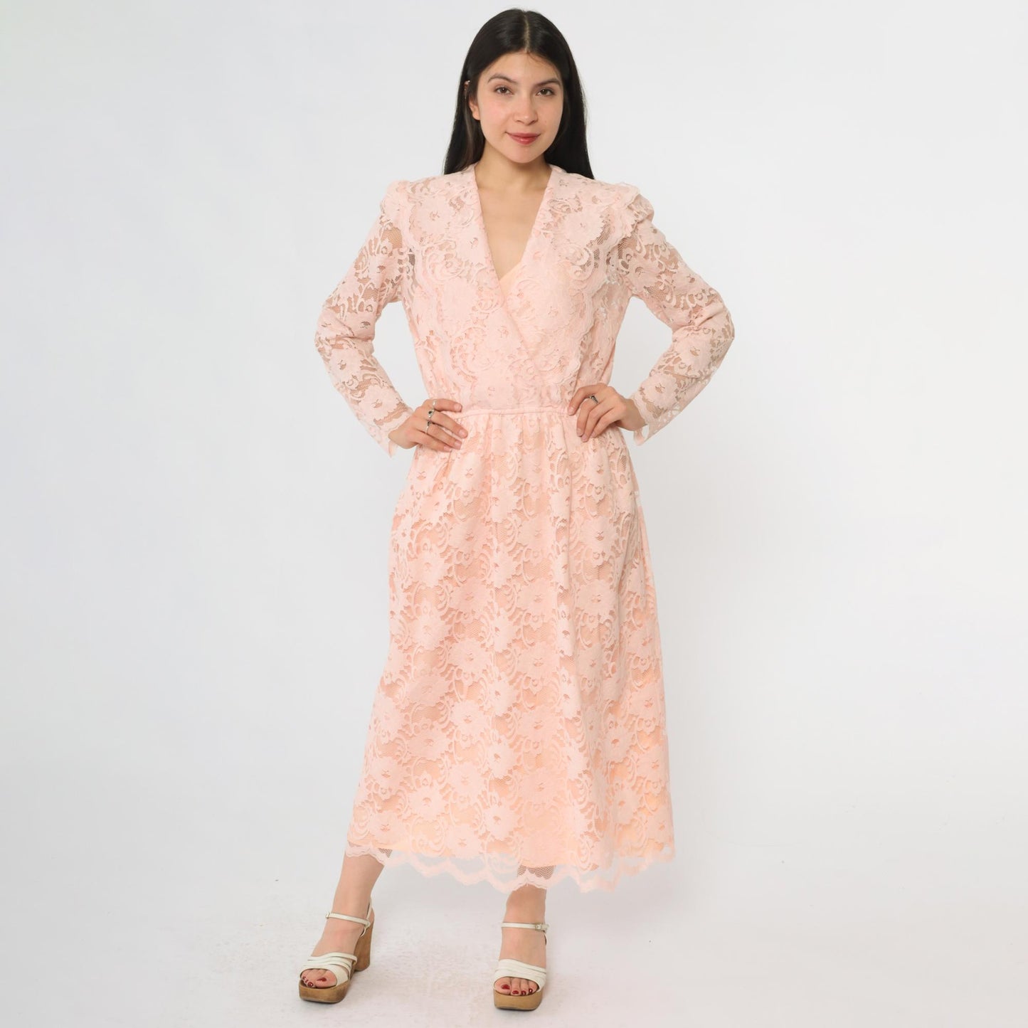 80s Blush Pink Floral Lace Maxi Dress V-Neck Empire Waist Small