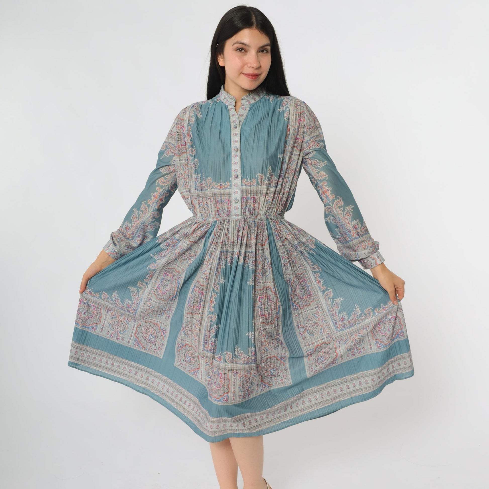 80s Hal Ferman Sage Green Midi Dress Paisley Floral Print Mandarin Collar Medium