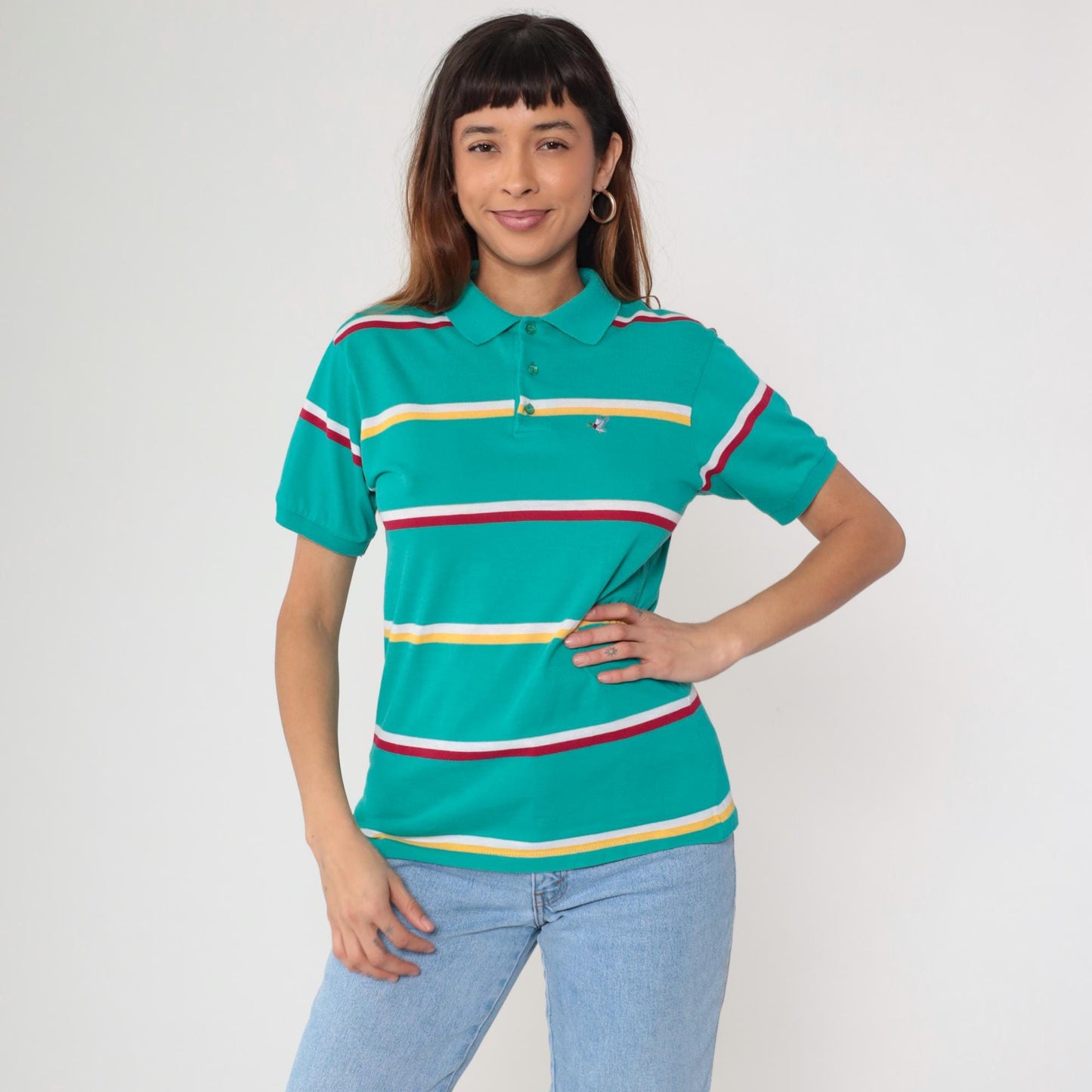 80s Green Striped Polo Shirt Duck Crest Embroidered Collared Large L