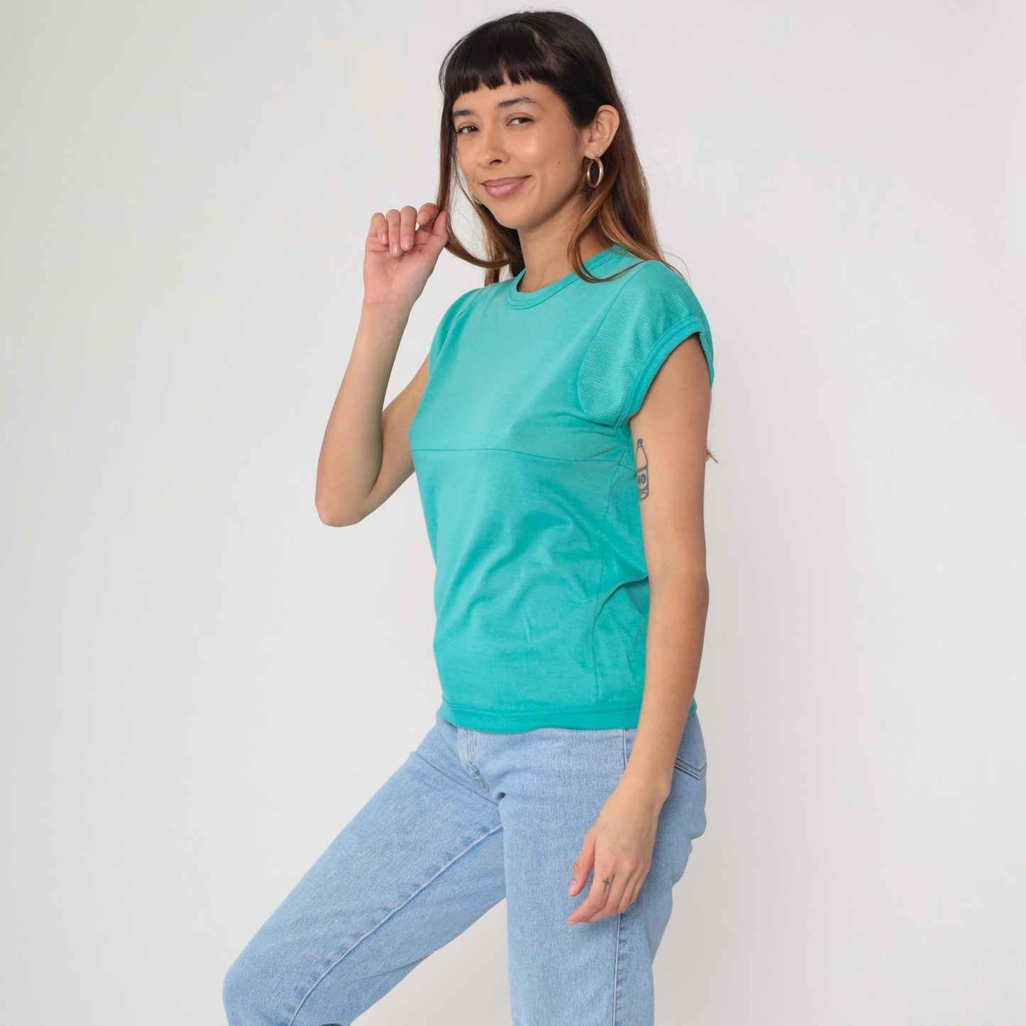 80s Turquoise Athletic Tank Top Mesh Panels Crew Neck Small Medium