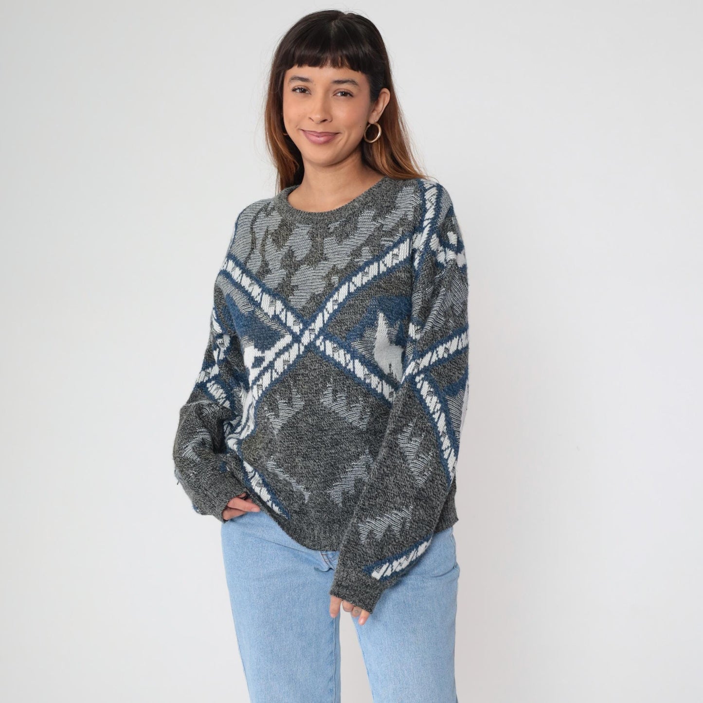 80s Geometric Sweater Crewneck Knit Grey Blue Southwestern Diamond Pattern Large L