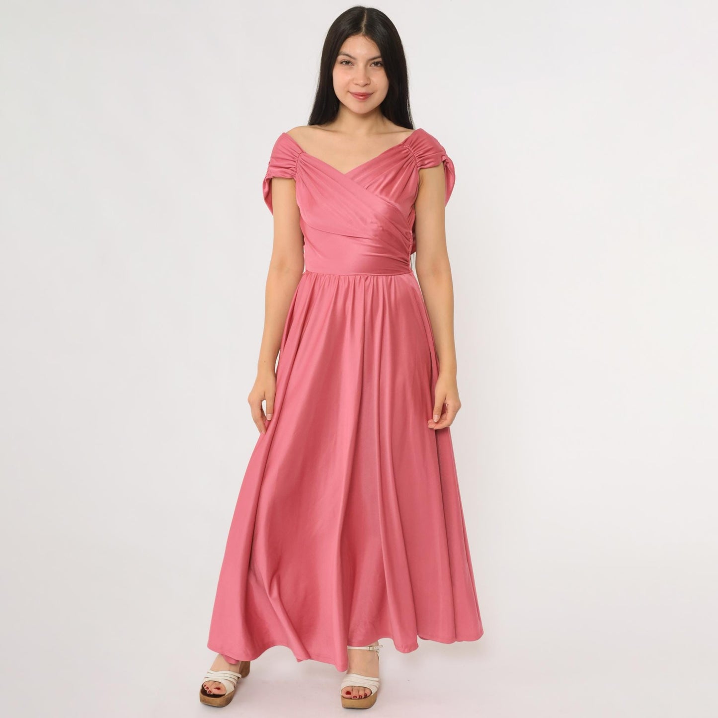 70s Coral Pink Maxi Dress Draped V-Neck Wrap Floor Length Extra Small XS