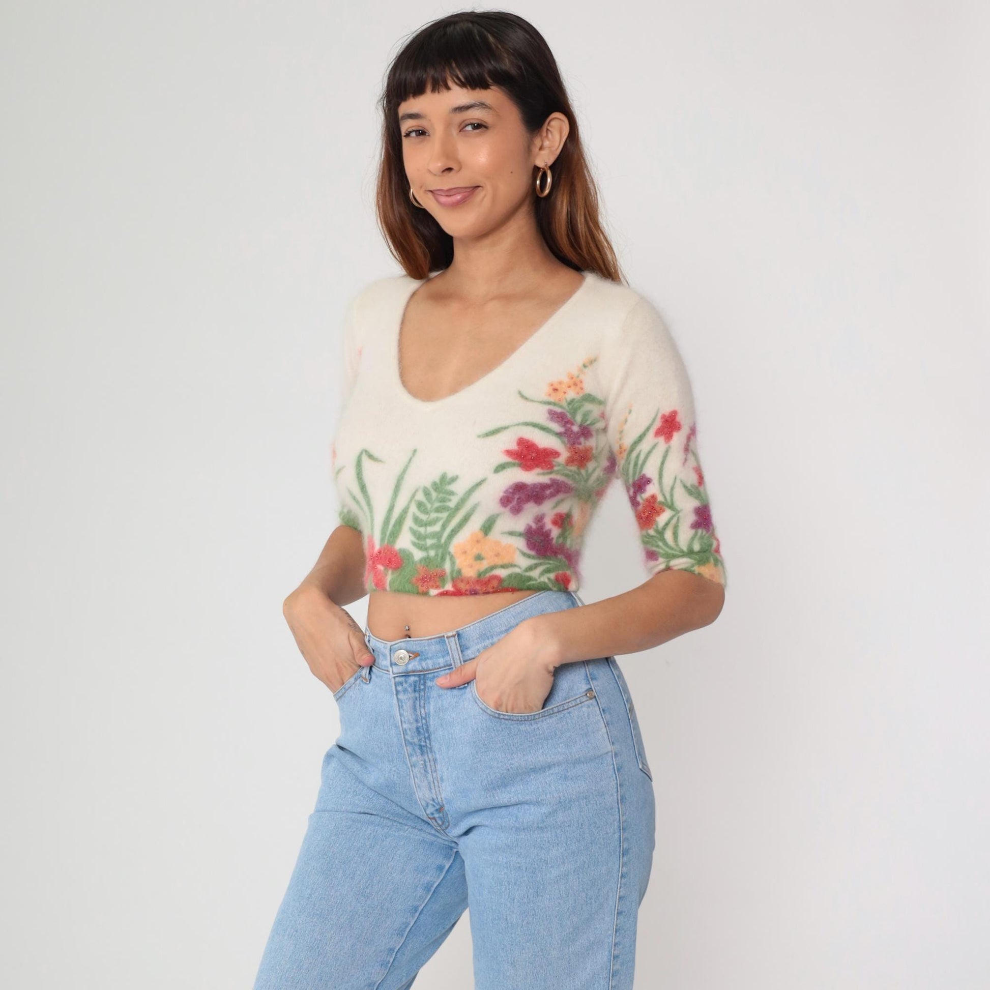 Y2K Cream Floral Crop Top Angora Embroidered V-Neck Extra Small XS