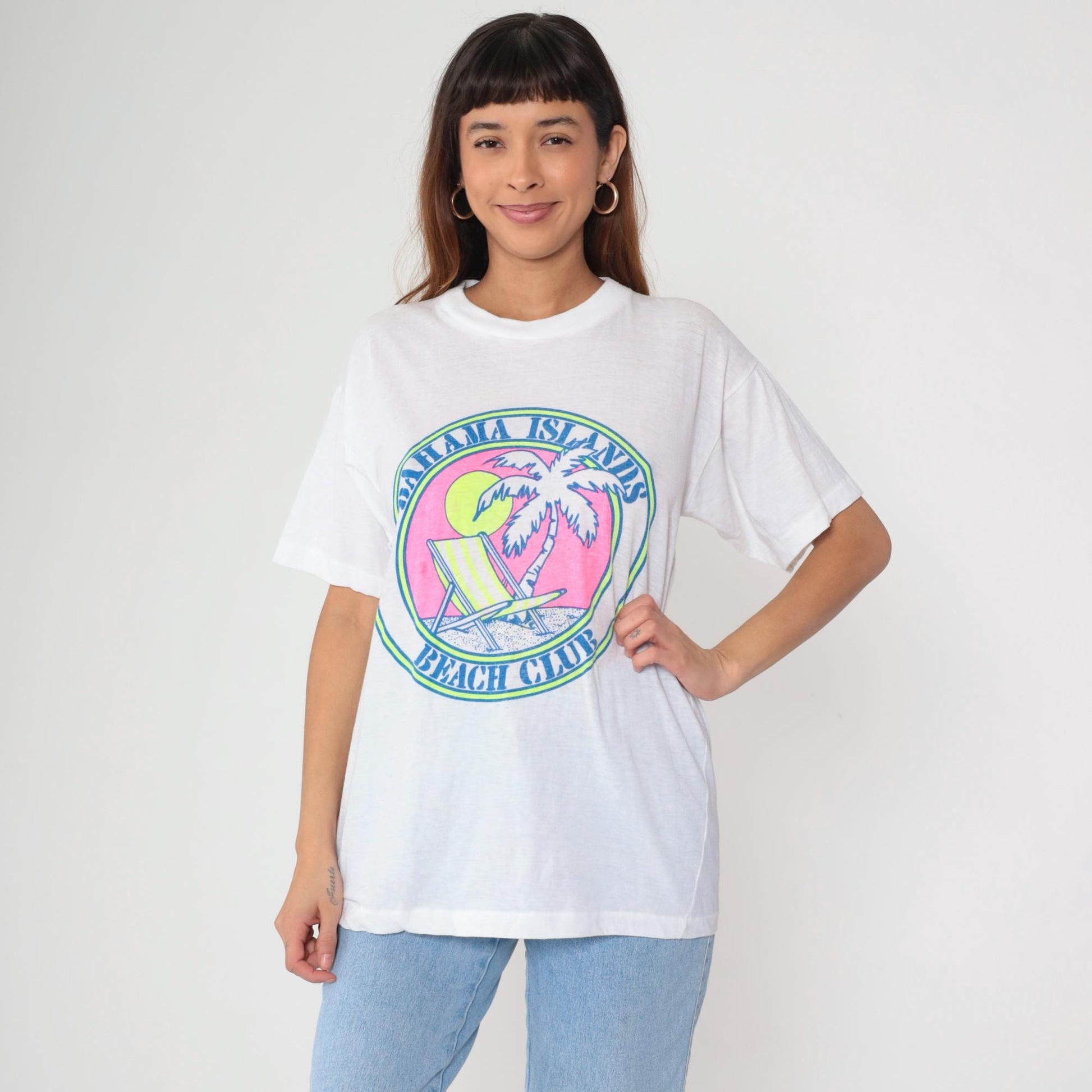 90s Bahama Islands Beach Club T-Shirt White Palm Tree Graphic Small
