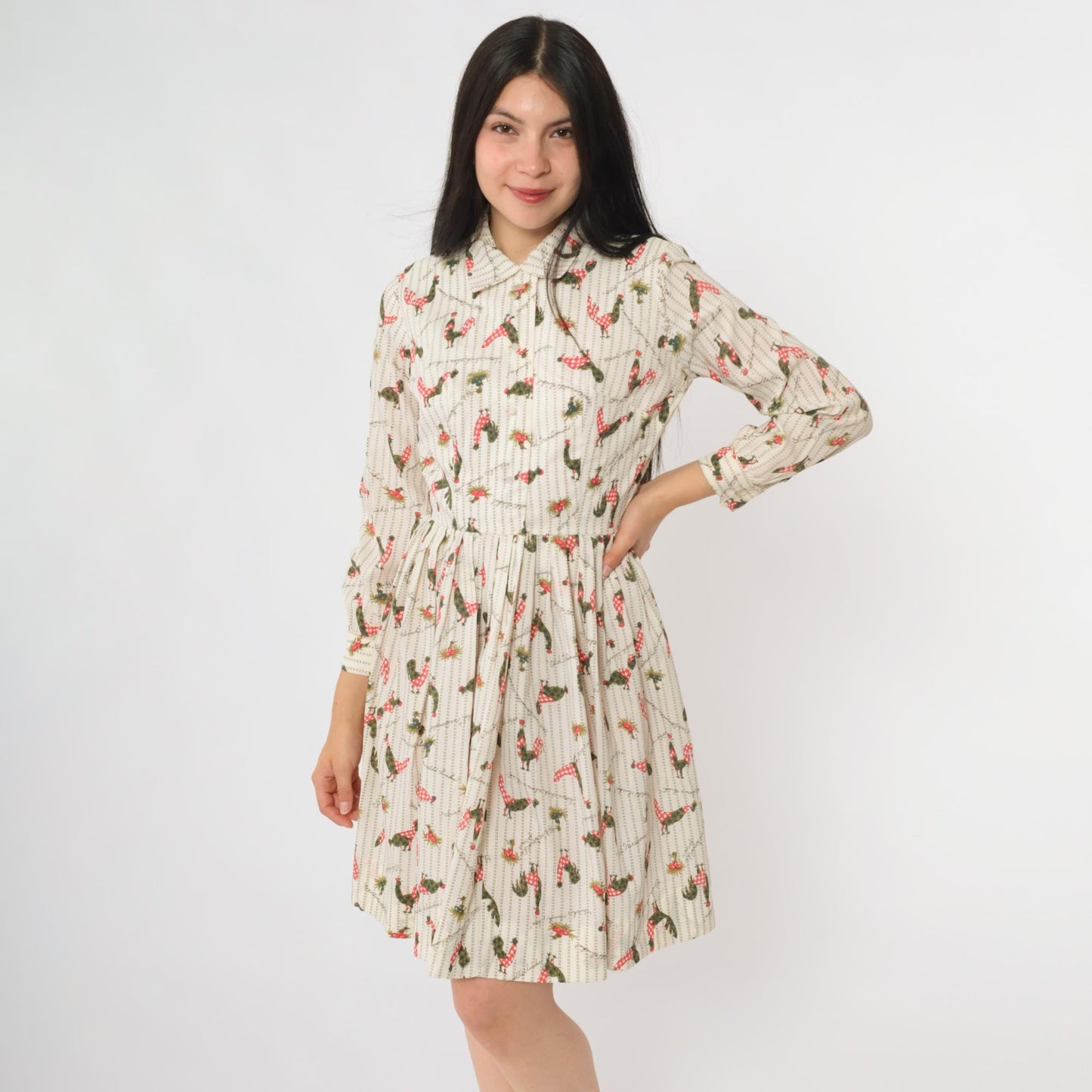 60s Rooster Print Cream Dress Peter Pan Collar Button Front Extra Small XS