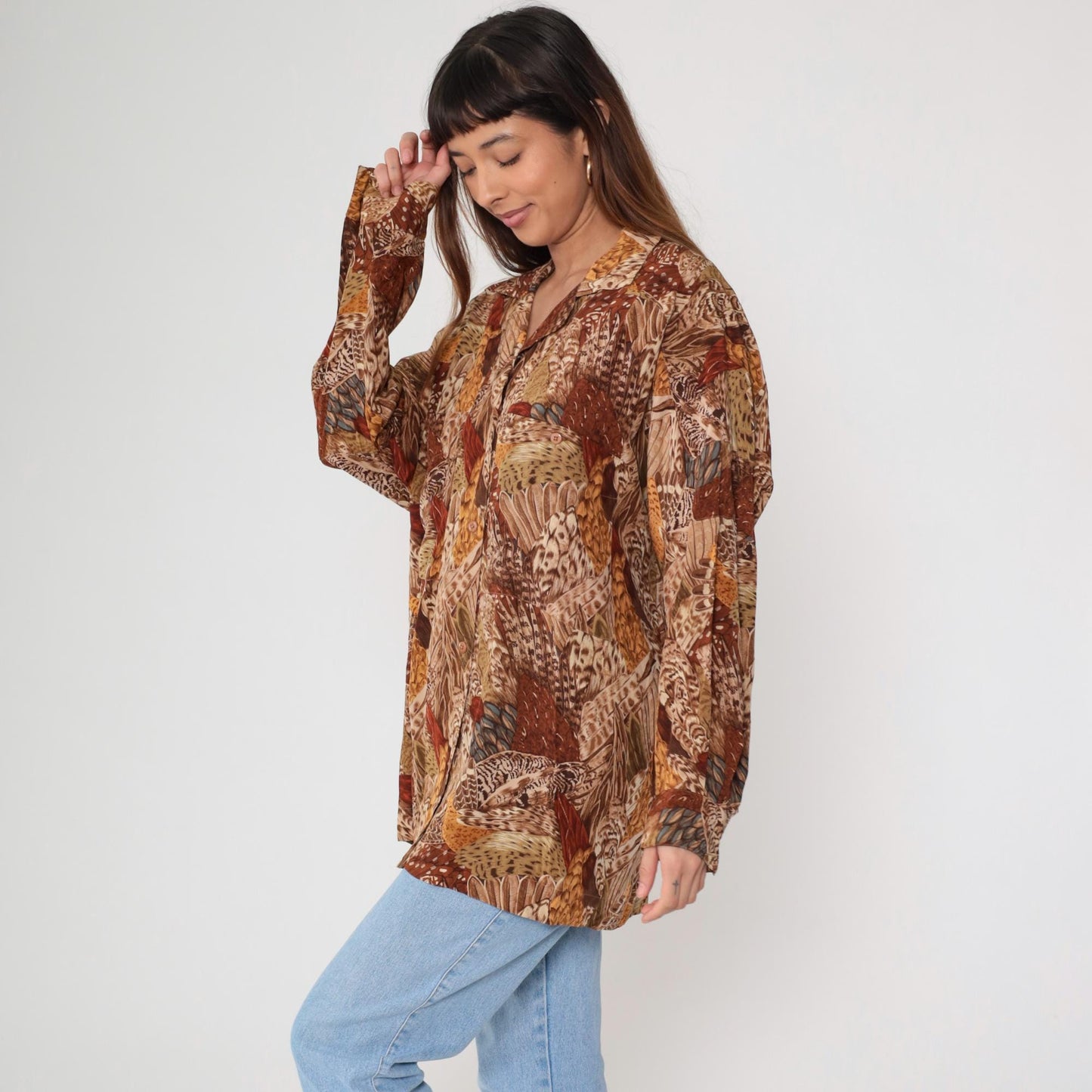 Ellen Tracy Silk Feather Print Blouse Brown Button Front Long Sleeve Large