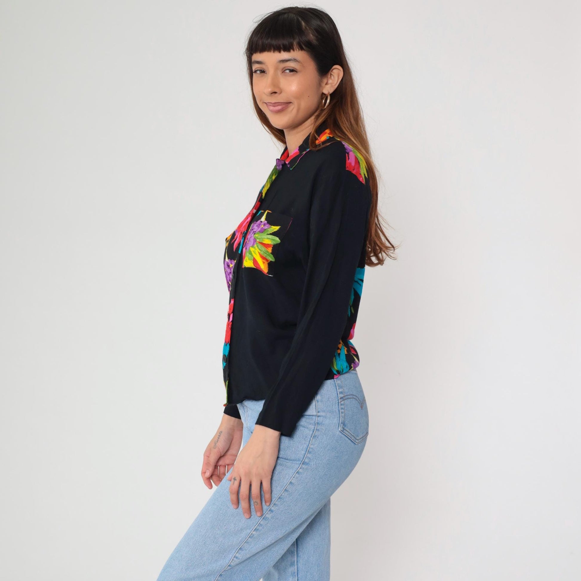 90s F Stop Floral Blouse Black Rayon Hibiscus Print Button-Up Small S