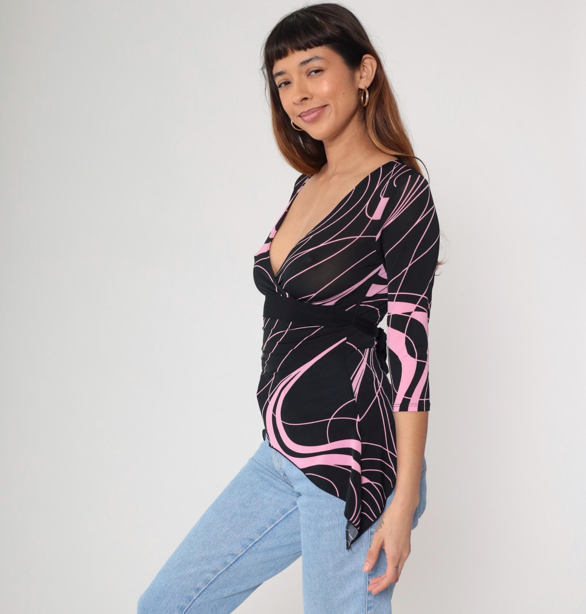 Y2K Tempted Wrap Top Black Pink Swirl Print V-Neck Small S
