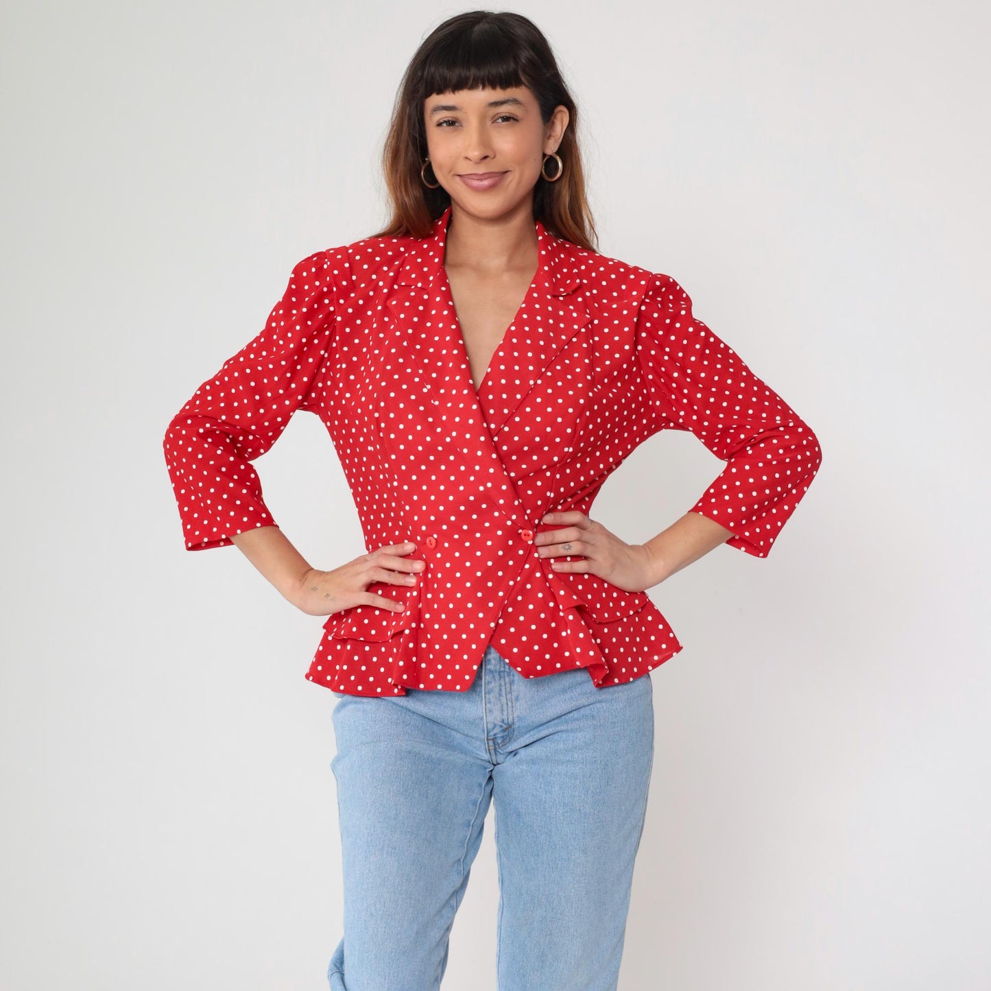 80s Polka Dot Blazer Red Single Button Jacket Medium M