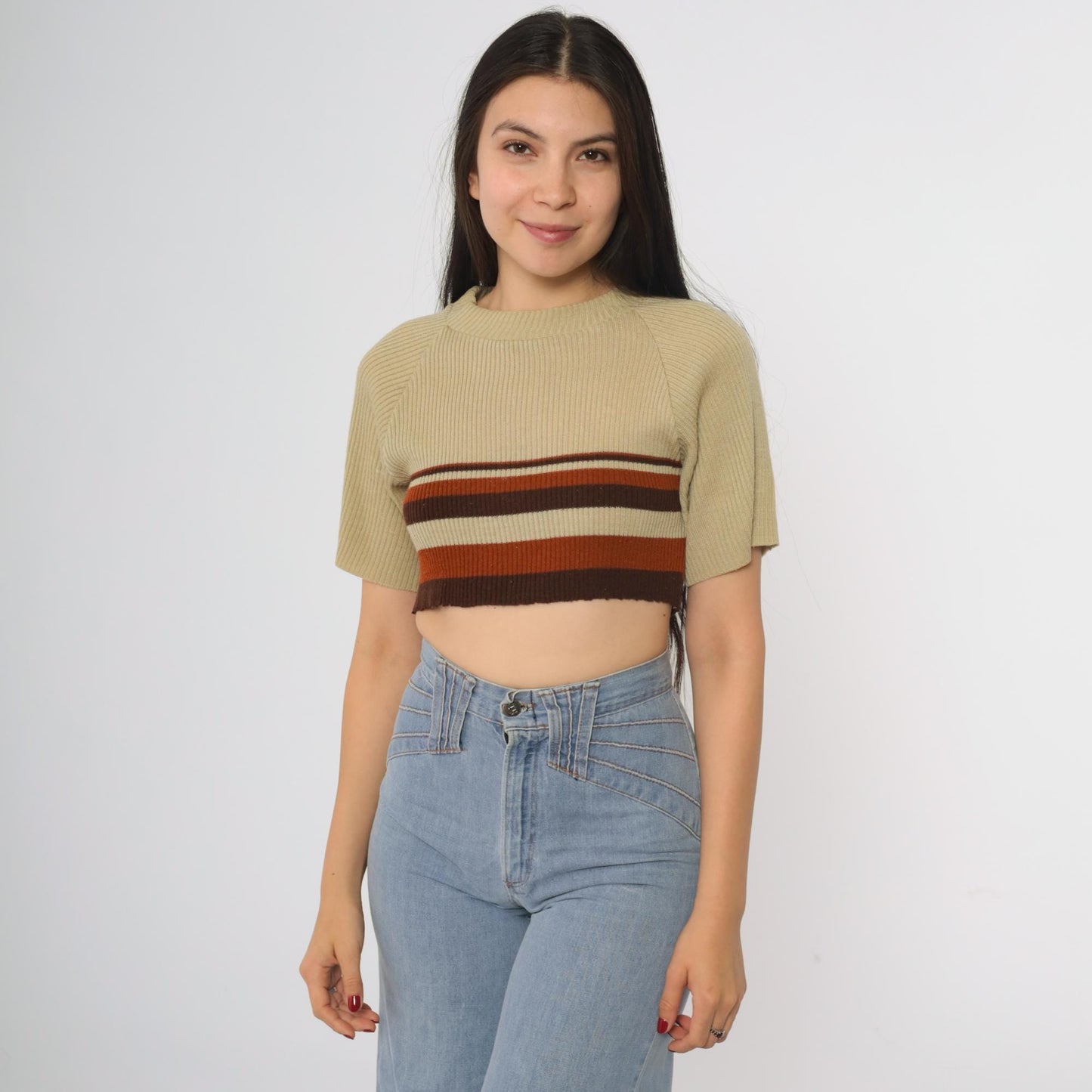 70s Striped Crop Top Tan Brown Rust Rib Knit Short Sleeve Crew Neck Large