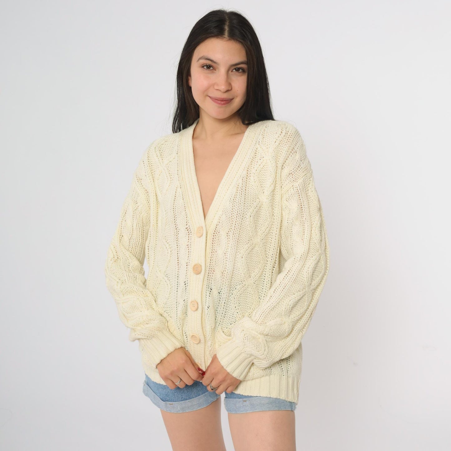 80s Cream Cable Knit Cardigan Deep V-Neck Button Front Chunky Knit Large