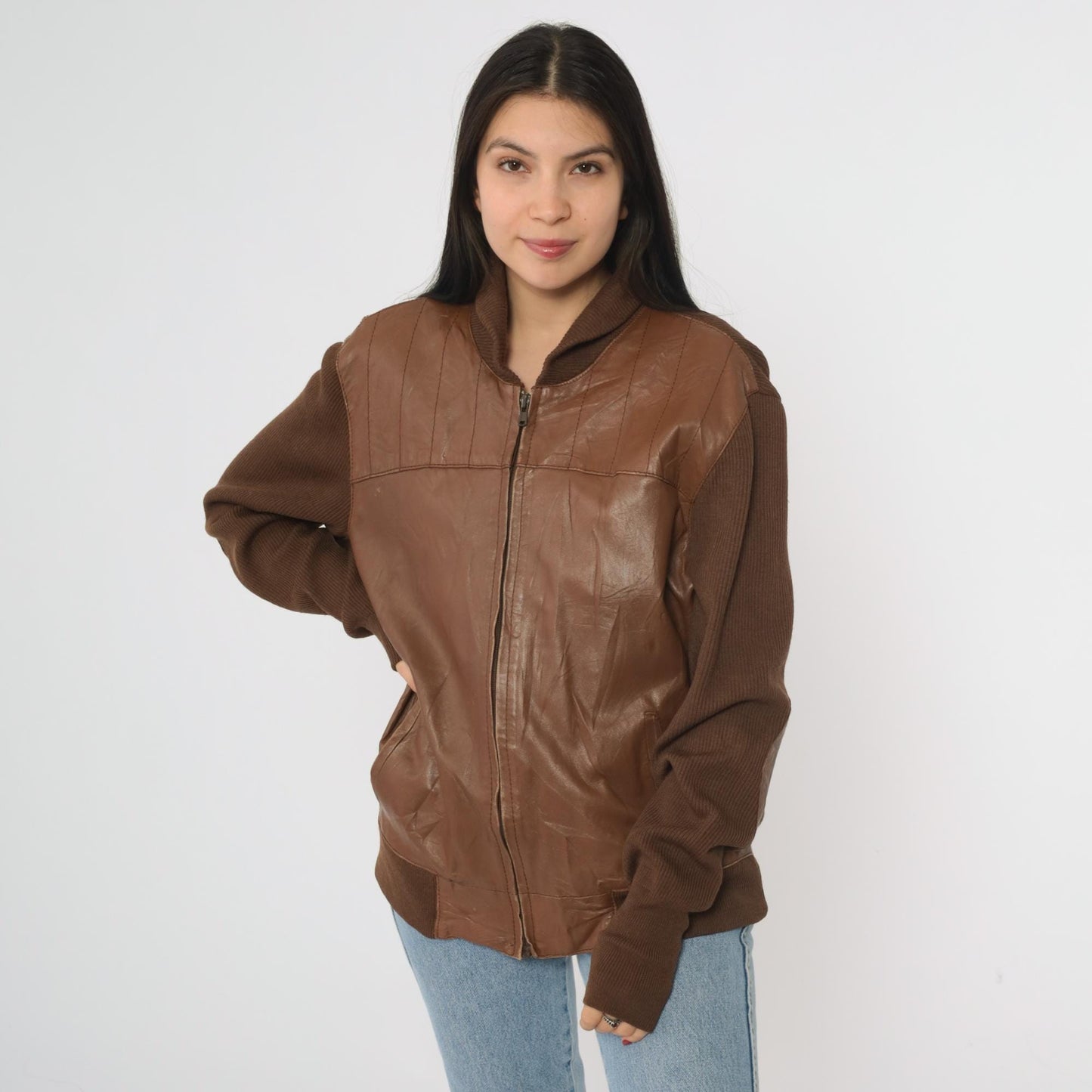 80s Torras Brown Leather Bomber Jacket Wool Knit Sleeves Elbow Patch Large