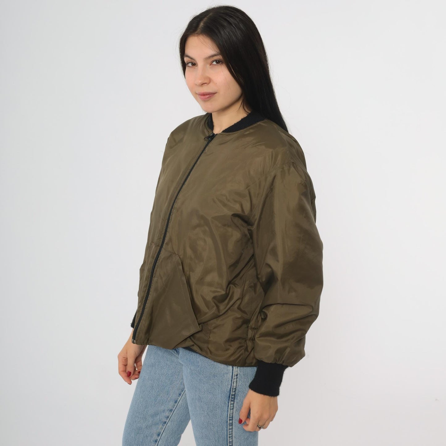 90s RedHead Olive Green Nylon Bomber Jacket Black Rib Trim XL