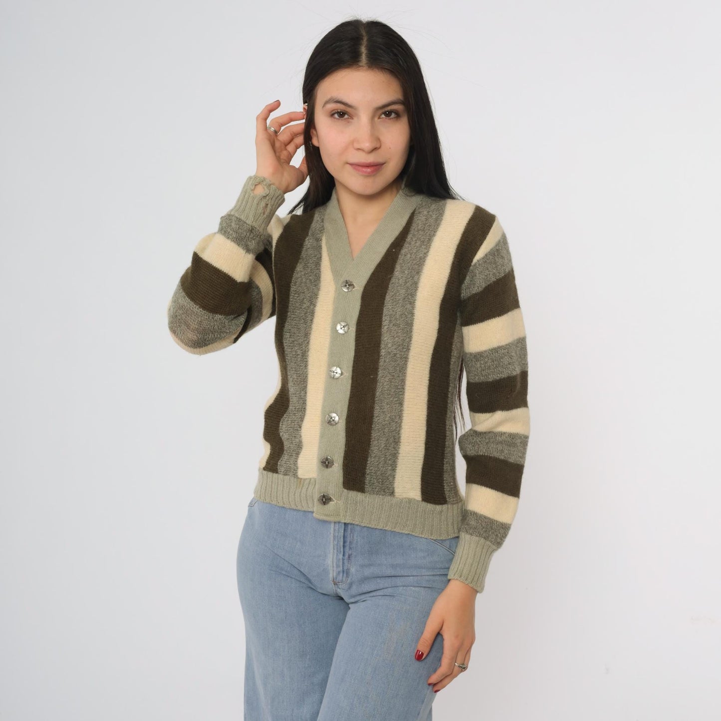 70s Striped Wool Cardigan Olive Green Brown Cream Button Front Extra Small XS
