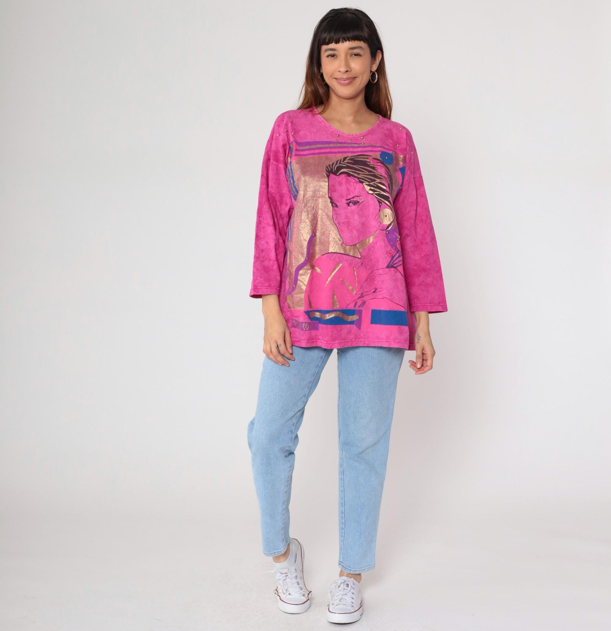 00s Artistic Portrait Graphic Tee Hot Pink Gold Metallic 3/4 Sleeve Medium Large