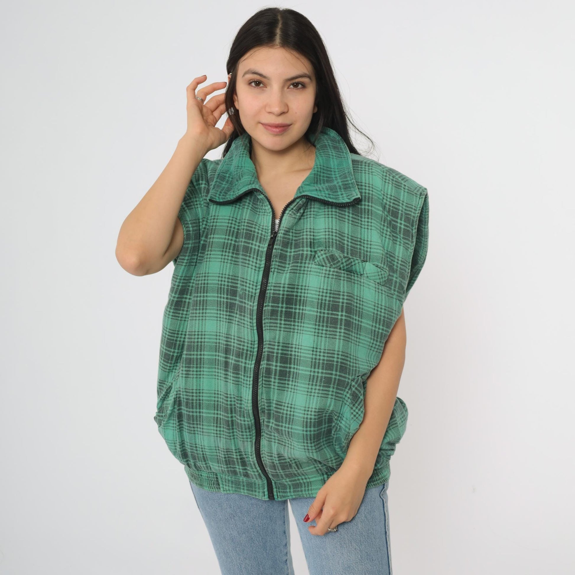 90s Northwest Territory Green Plaid Vest Tartan Zip Sleeveless Large