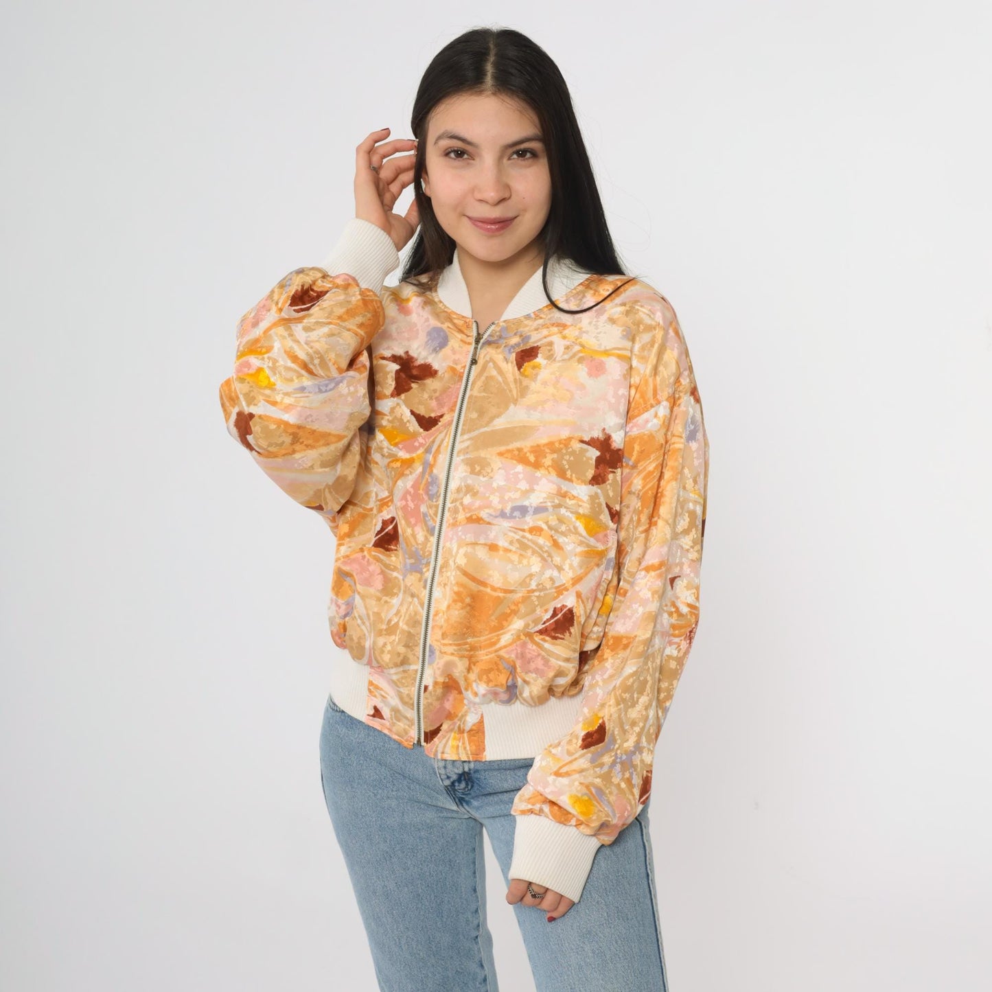 90s Hanasport Watercolor Bomber Jacket Abstract Print Peach Medium M