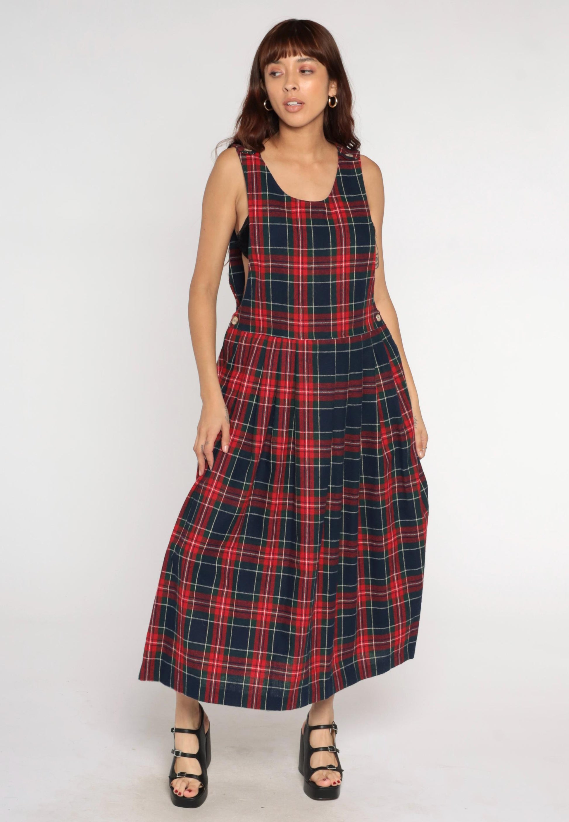 90s Willow Bend Plaid Pinafore Midi Dress Green Red Wool Blend Large