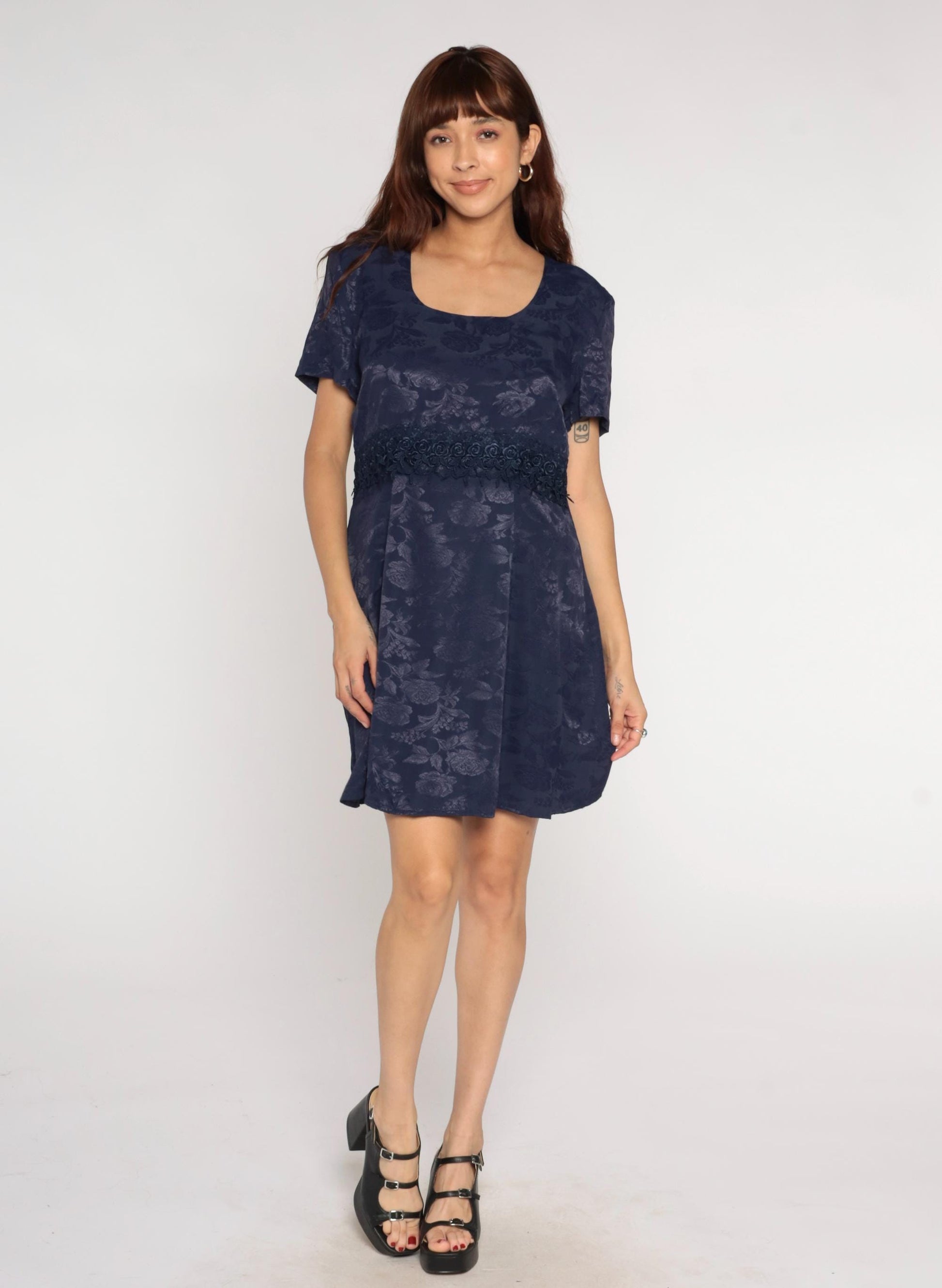 90s Navy Floral Jacquard Dress Short Sleeve Scoop Neck A-Line Lace Trim Large