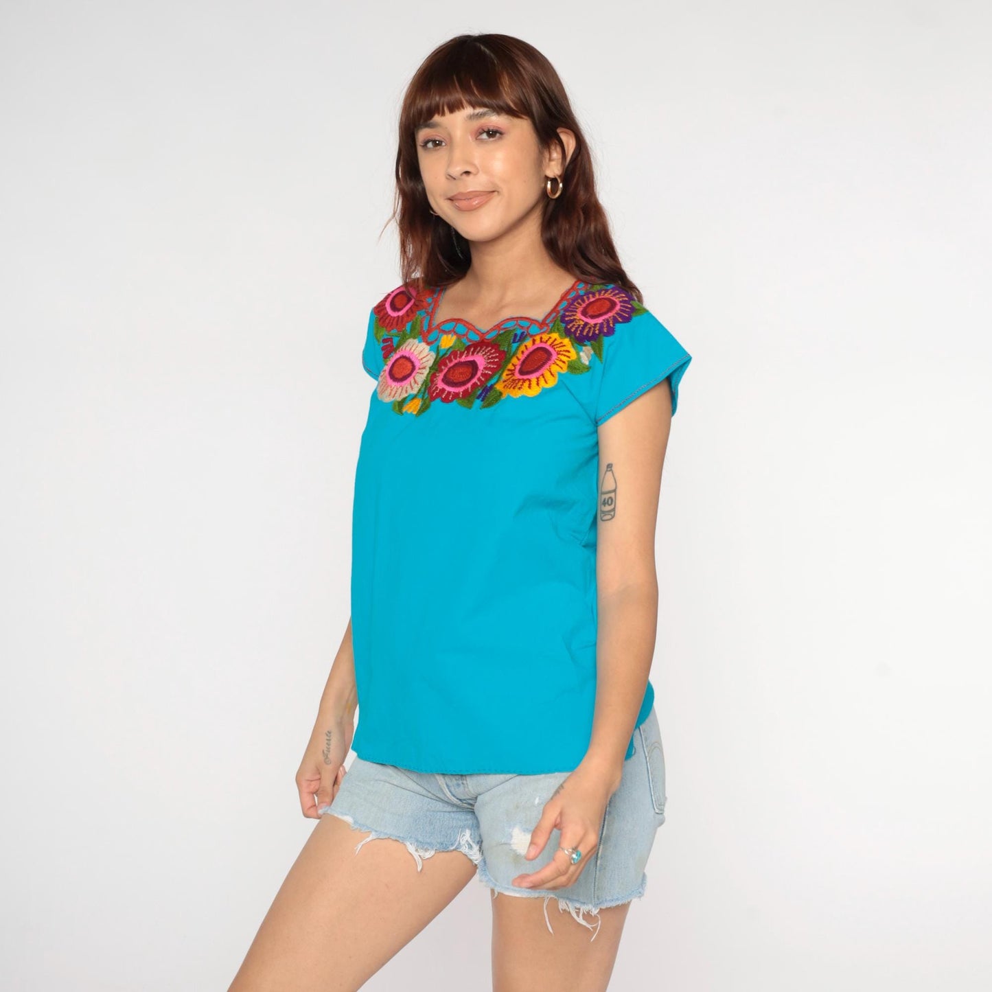 90s Mexican Floral Embroidered Blouse Blue Short Sleeve Small S