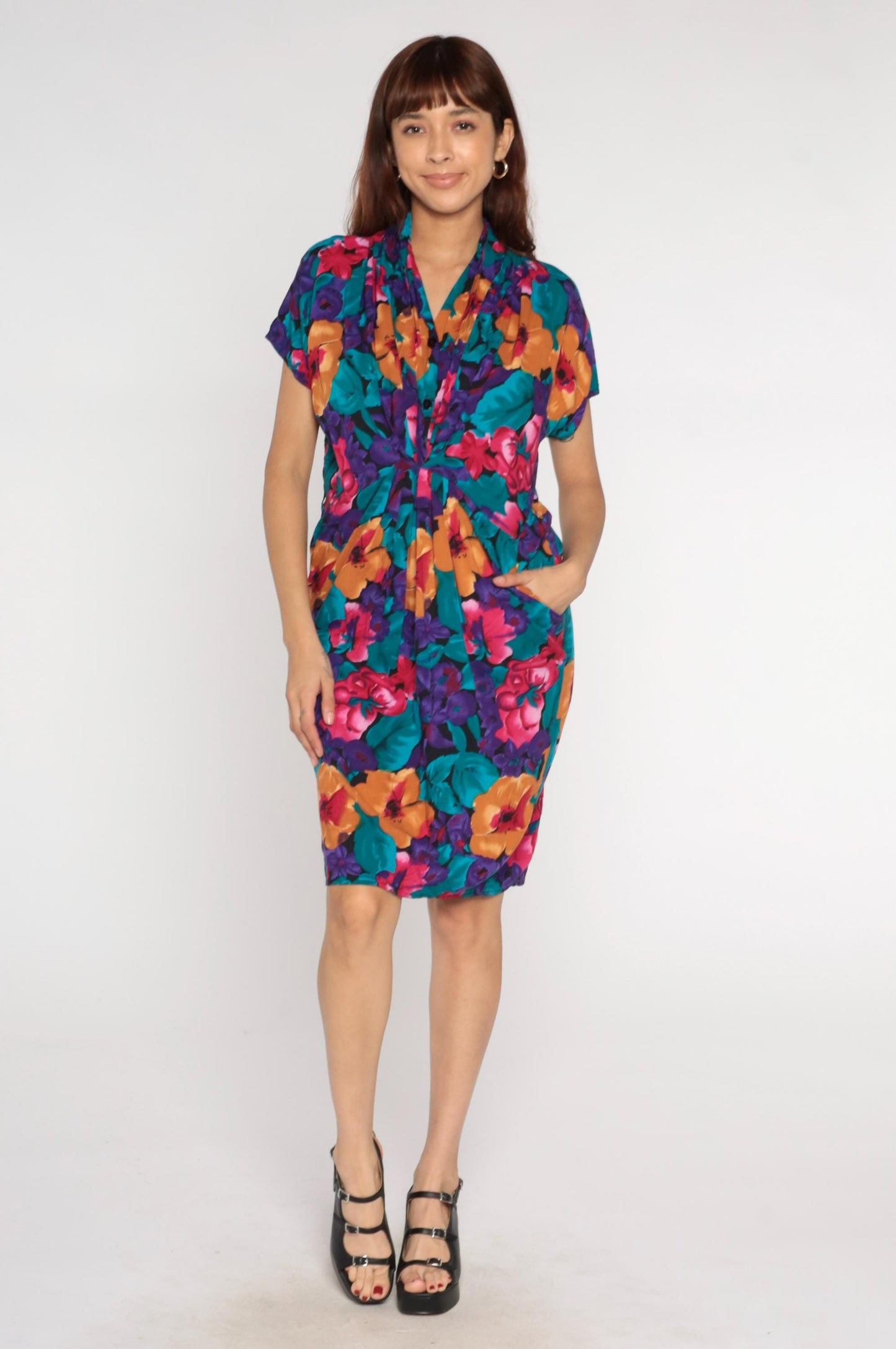 90s Tess Dress Tropical Floral Print V-Neck Tie Waist Dress Medium M