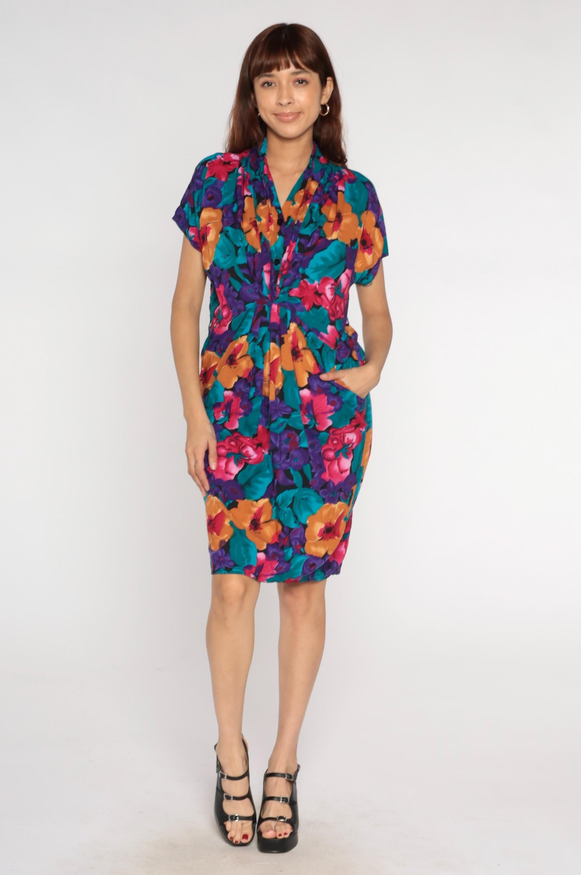 90s Tess Dress Tropical Floral Print V-Neck Tie Waist Dress Medium M
