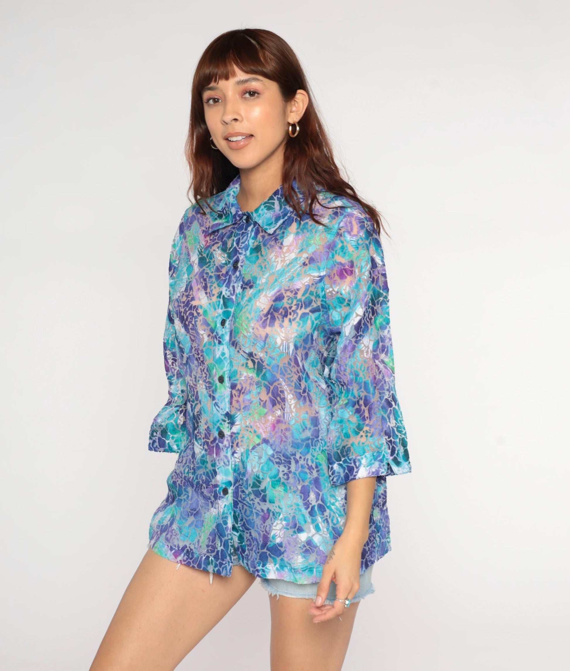 90s Allison Daley Sheer Burnout Blouse Holographic Floral Purple Large L