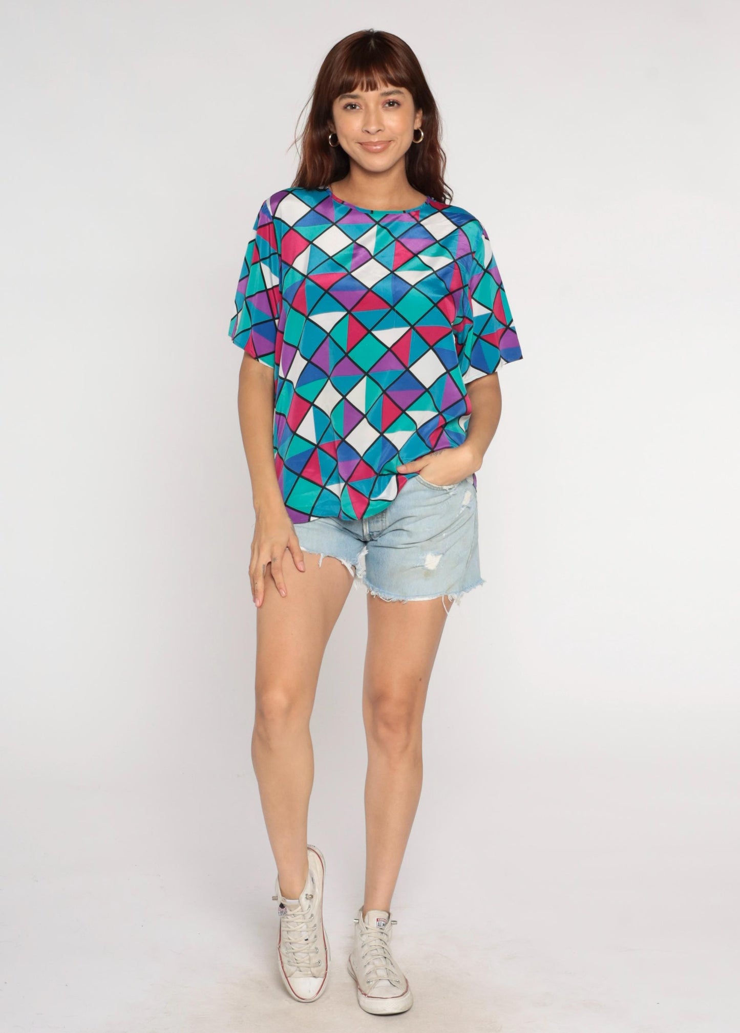90s Geometric Square Triangle Print Button Up Blouse Colorful Short Sleeve Large L