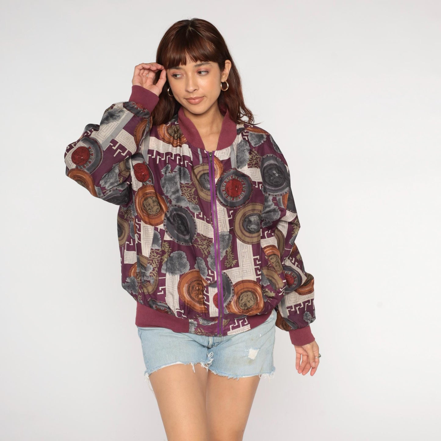 90s Cocoon Silk Windbreaker Jacket Abstract Geometric Print Burgundy Small S