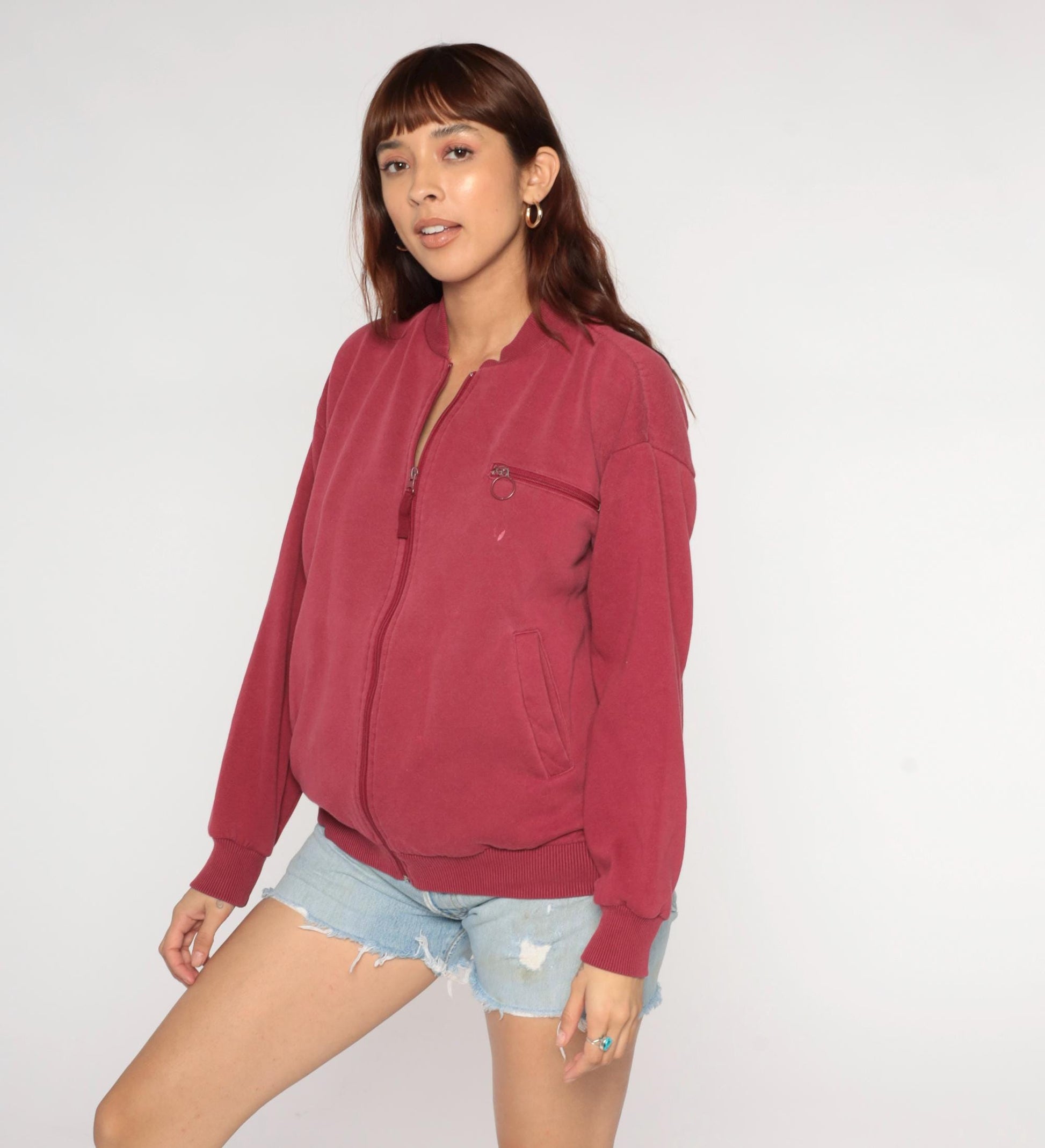 80s Burgundy Track Jacket Wine Red Zip Sweatshirt Ribbed Cuffs Small