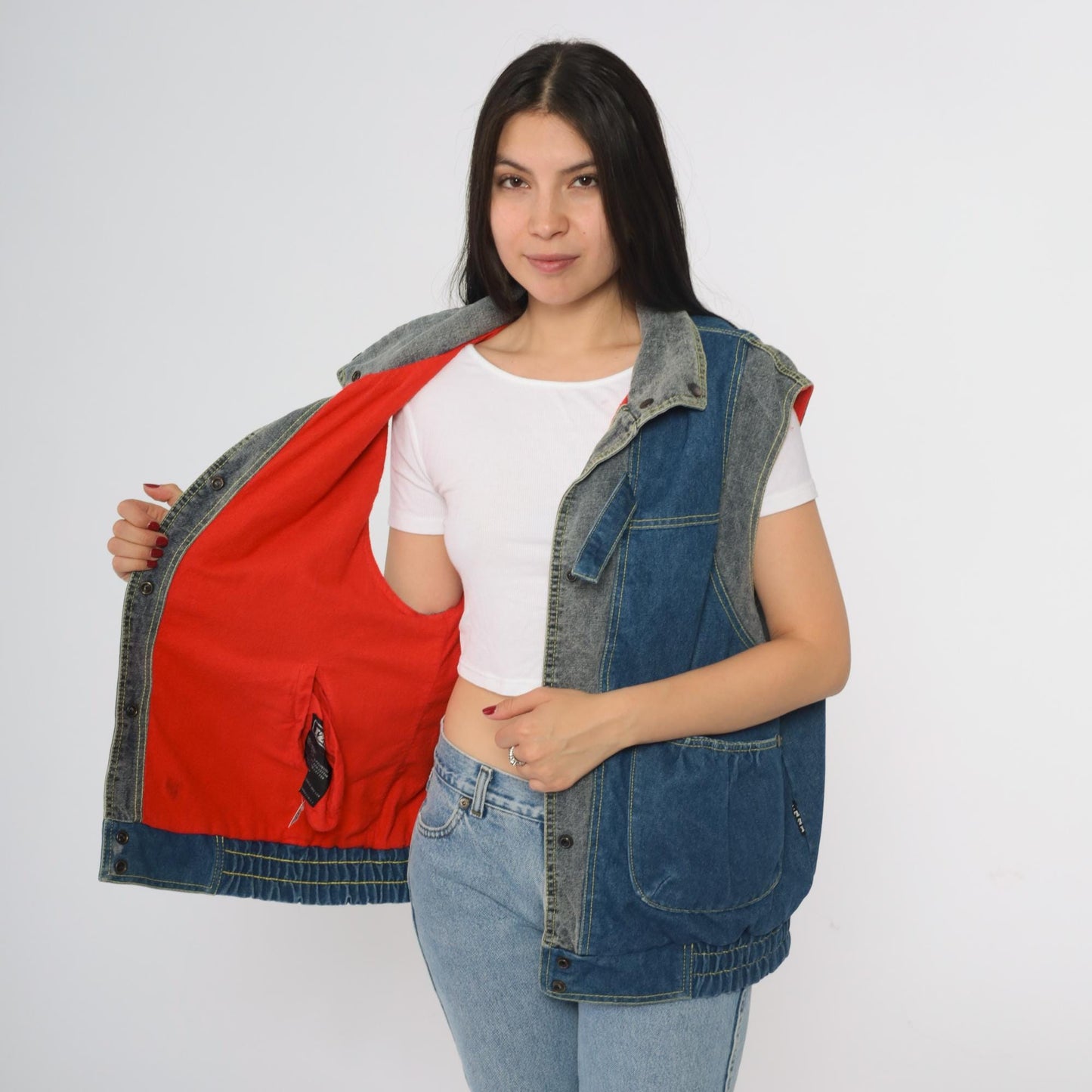 80s Izzi Reversible Denim Vest Blue Red Colorblock Medium M