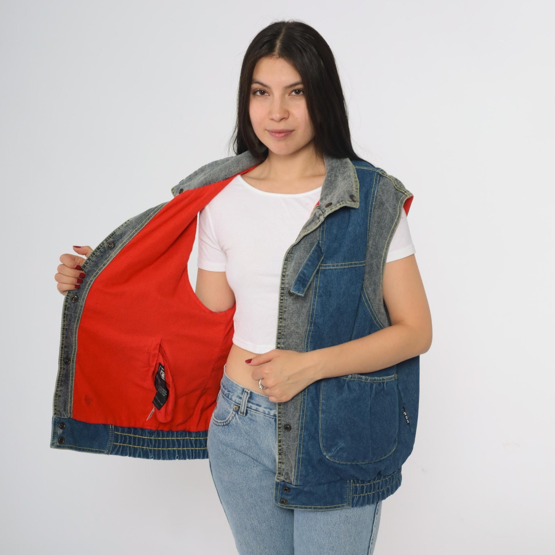 80s Izzi Reversible Denim Vest Blue Red Colorblock Medium M