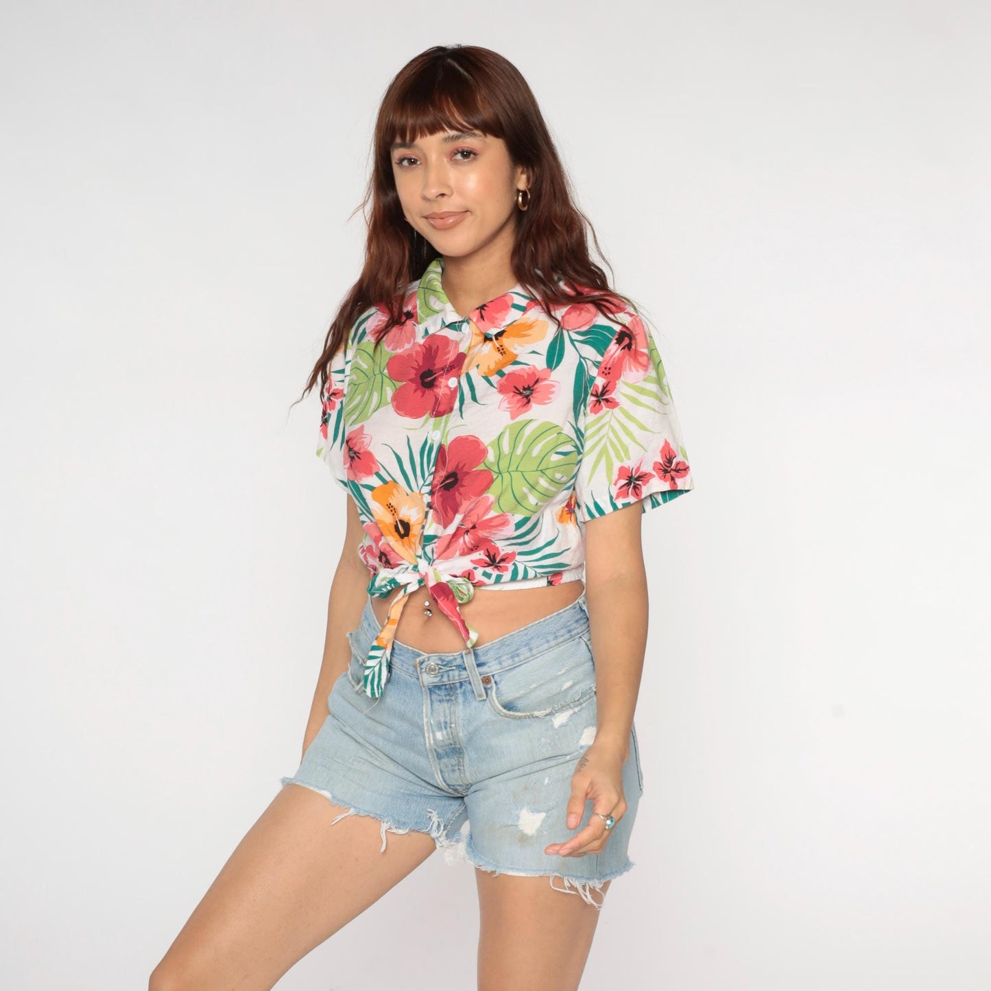 Y2K Tropical Hibiscus Crop Top Button Up Floral Shirt Pink Coral Medium