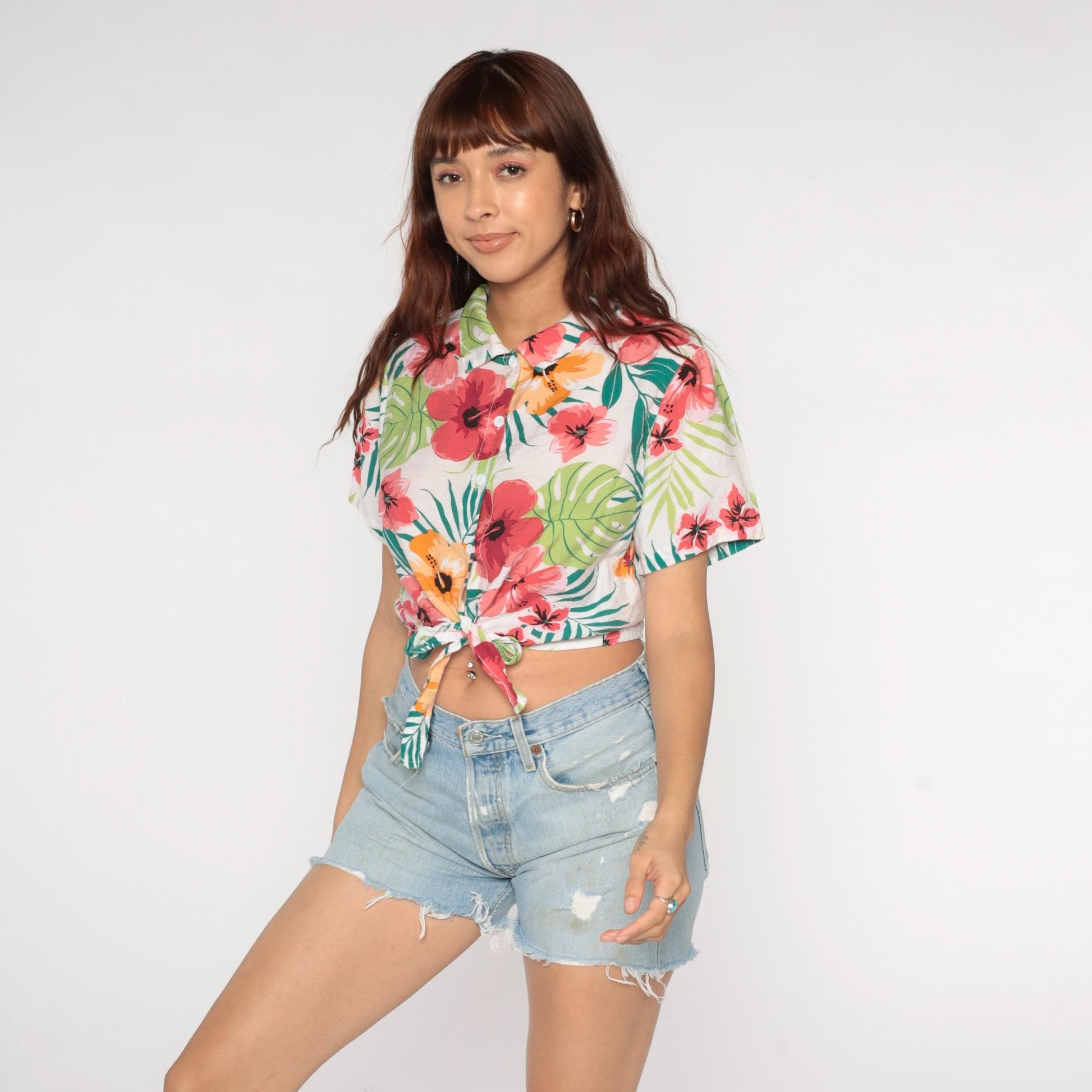 Y2K Tropical Hibiscus Crop Top Button Up Floral Shirt Pink Coral Medium