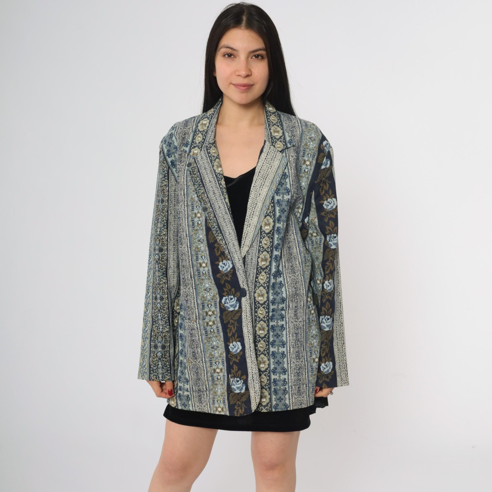 90s Judy Knapp Floral Tapestry Blazer Blue Cotton Linen Blend Single Button Large L