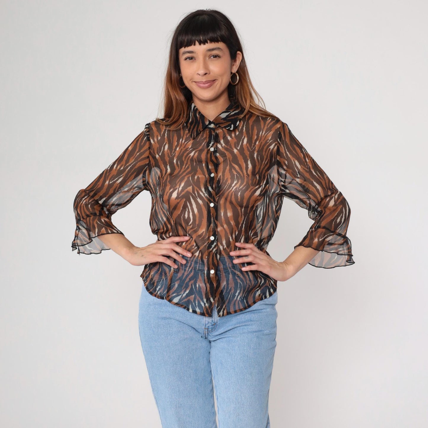 Y2K Tiger Stripe Button-Up Blouse Brown Animal Print Sheer Medium M